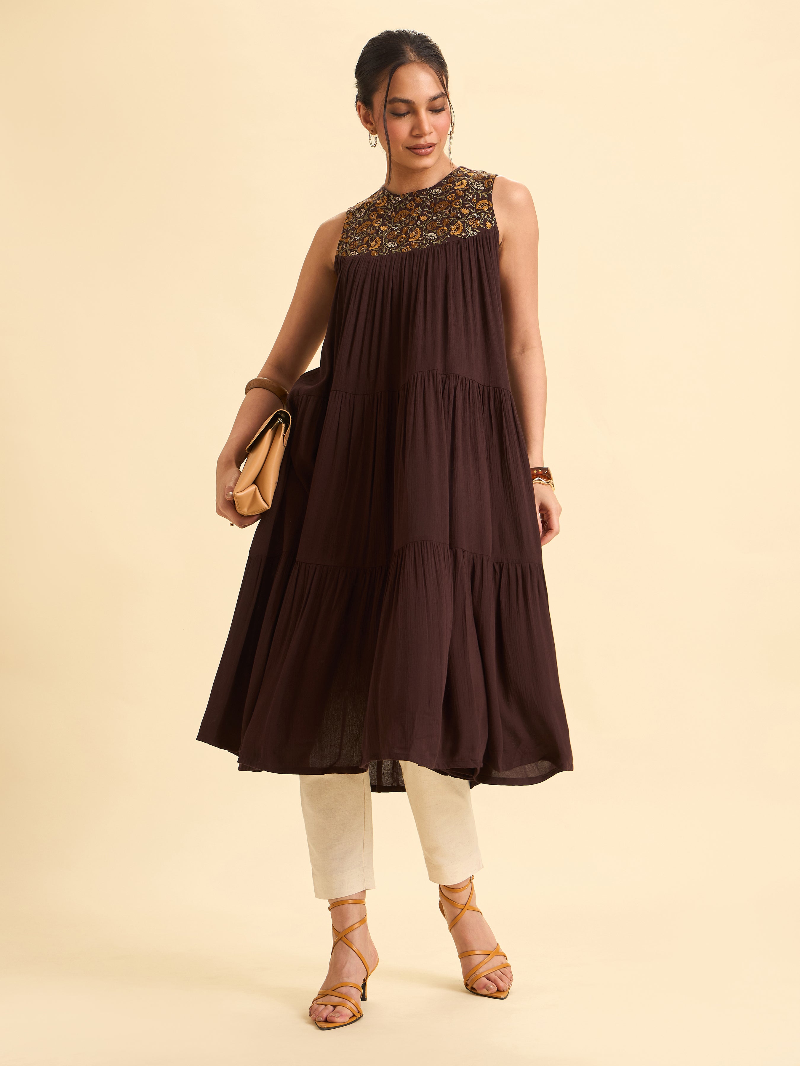 Coffee Brown Wrinkle Viscose Plain Flared Tiered Cut Kurti With Sequins Embroidery