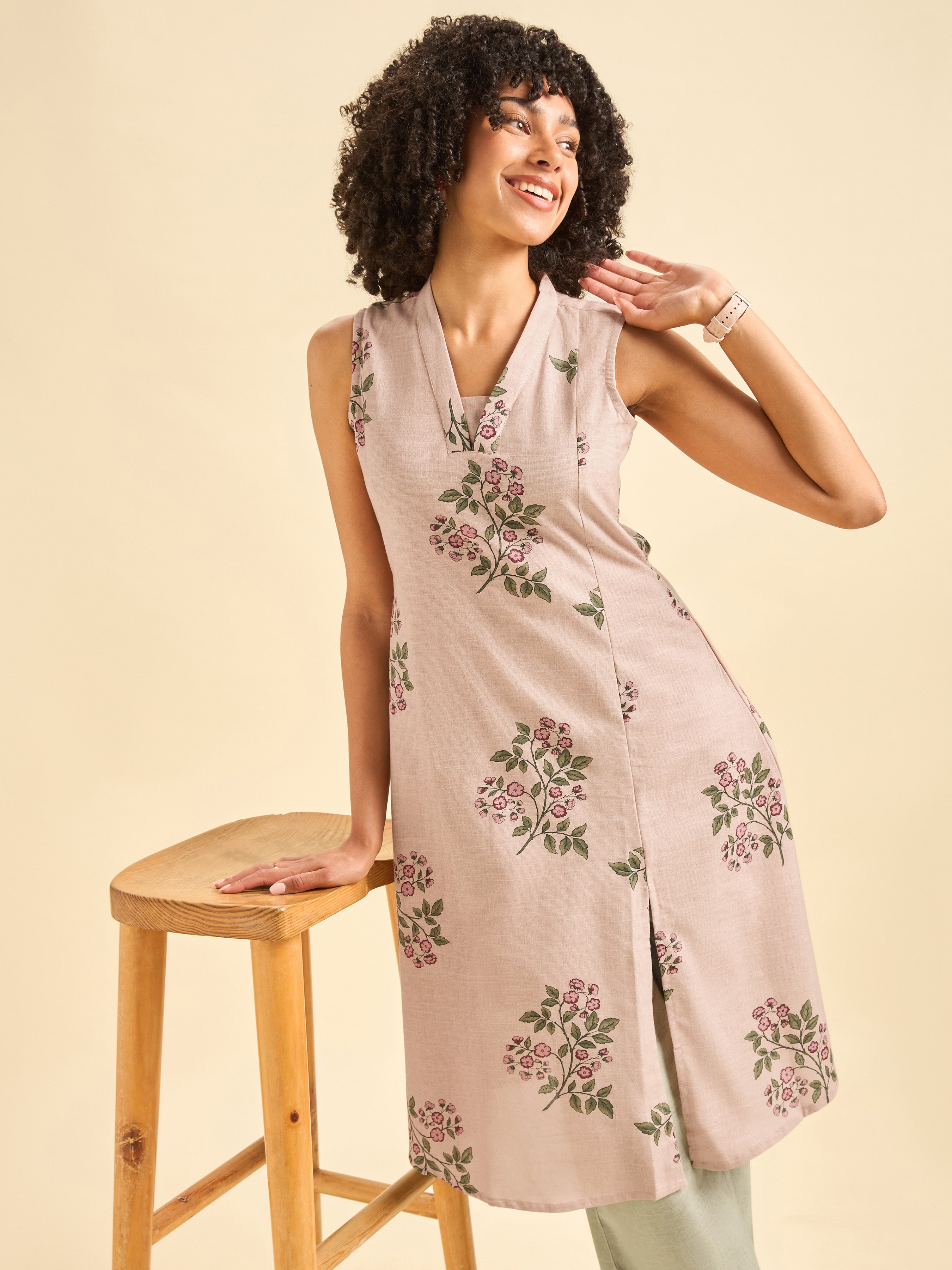 Onion Pink Cotton Flax Slub Sleeveless Kurti Set