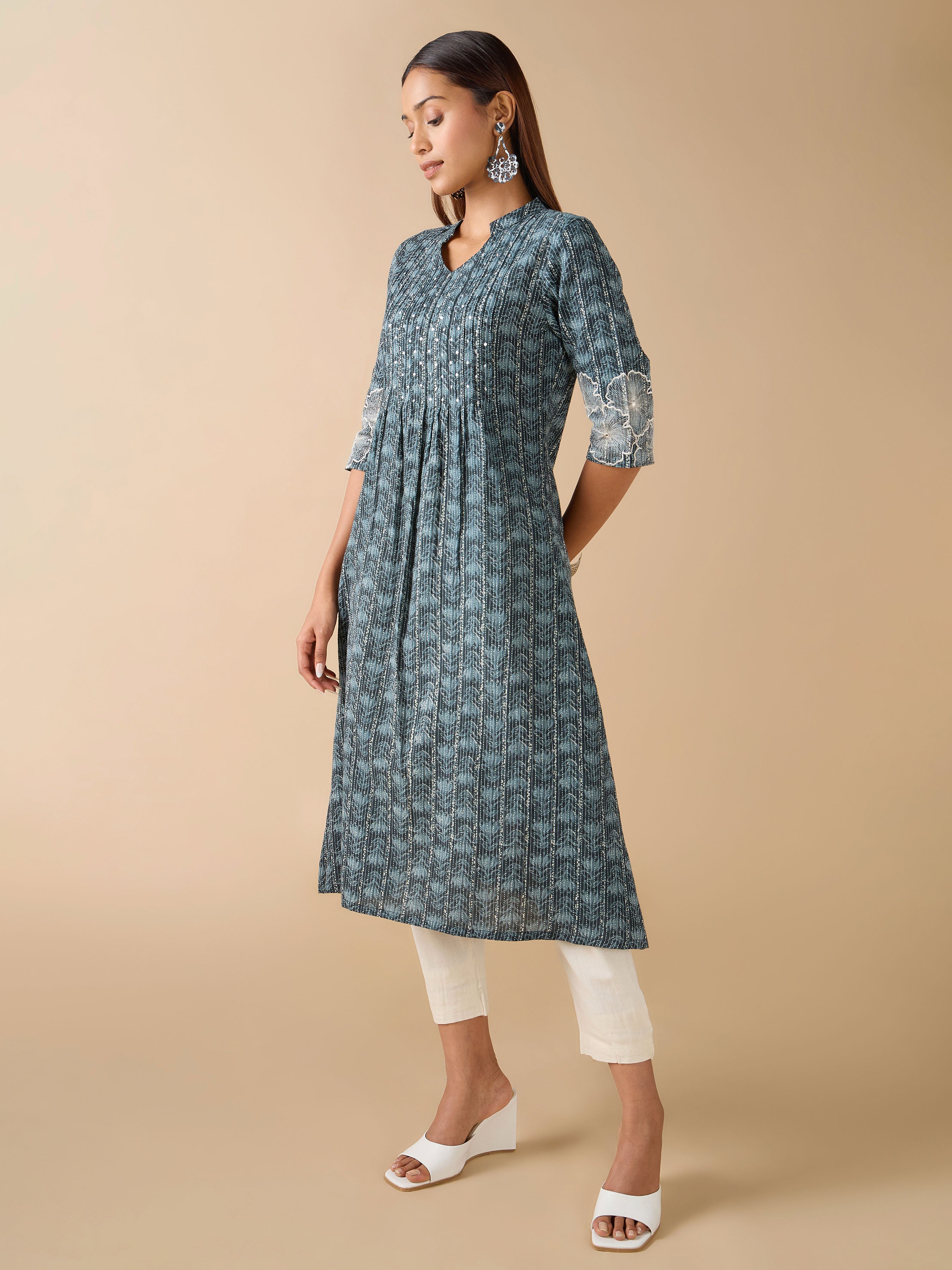 Teal Blue Pure Cotton Printed Kurti With Sequins Work