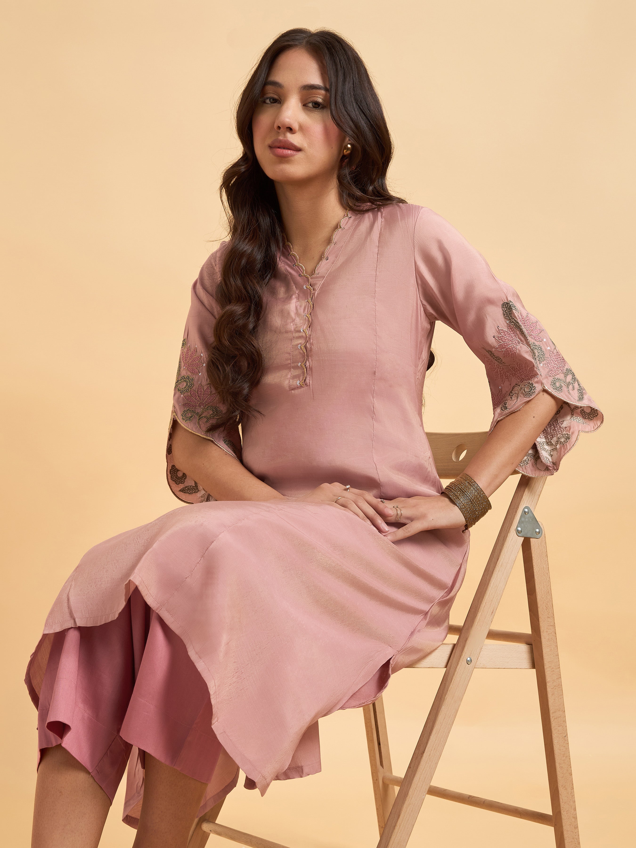 Blush Pink Viscose Shimmer Plain Kurti Set With Sequins Embroidery