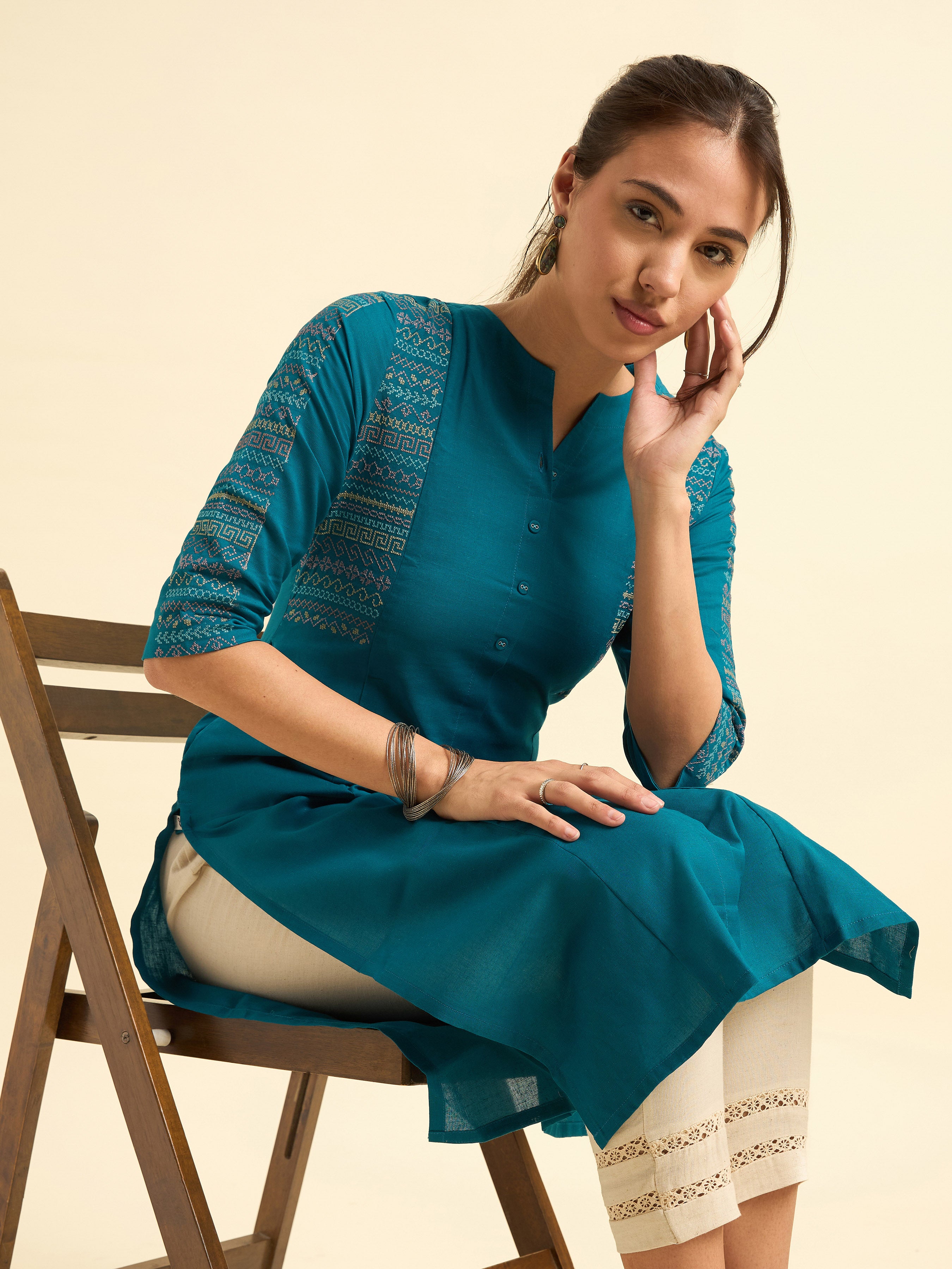 Peacock Blue Cotton Flax Slitted Kurti With Embroidery