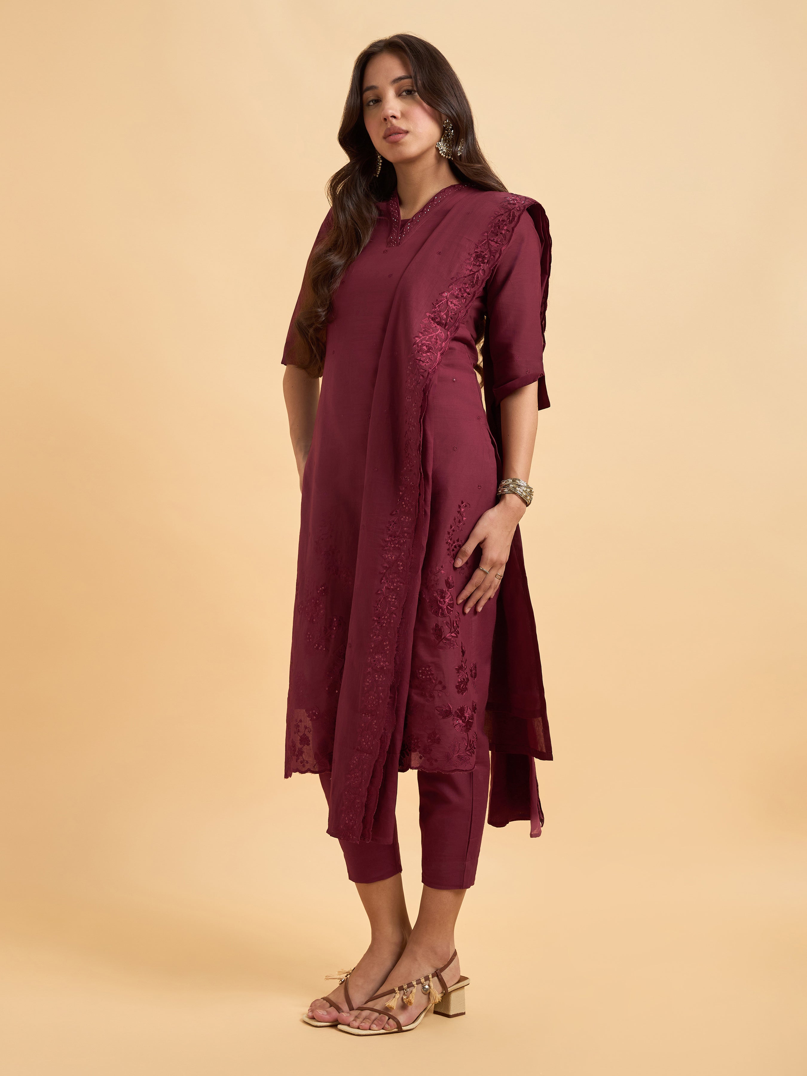 Maroon Pure Cotton Kurti Set With Dupatta And Hand Work Embroidery