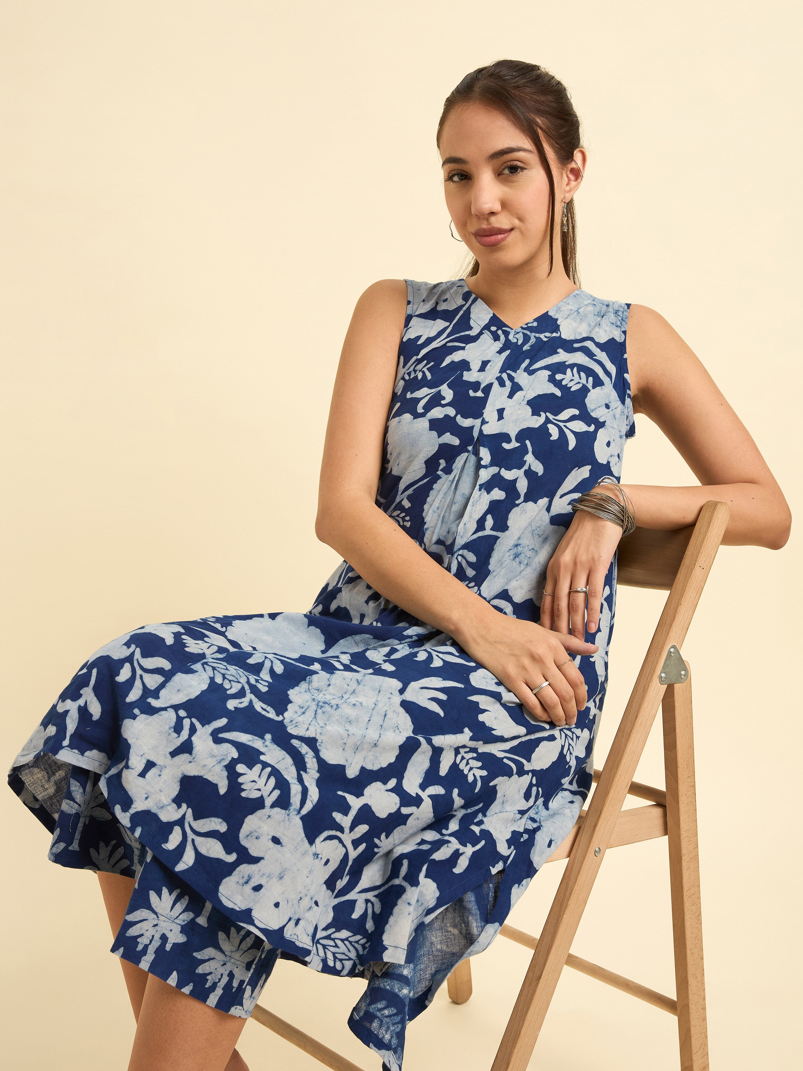 Indigo Cotton Natural Printed Kurti With Bottom