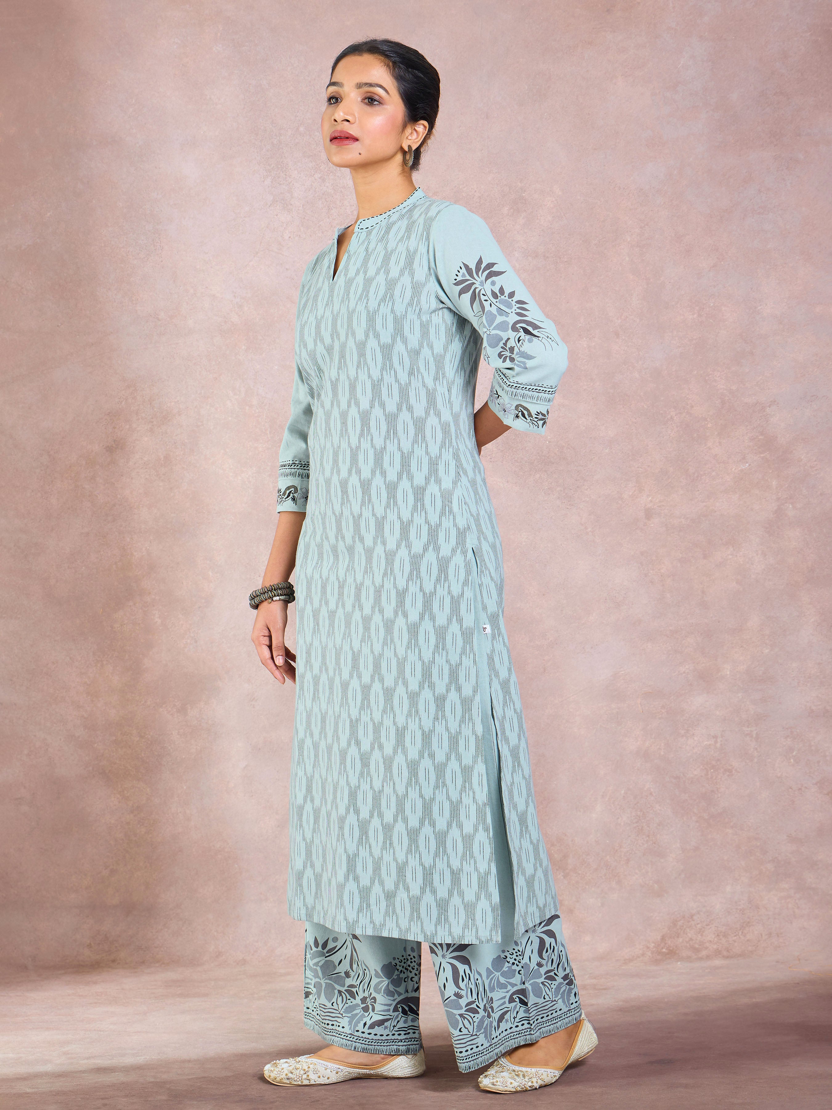 Sage Green Cotton Flax Printed Kurti With Embroidery