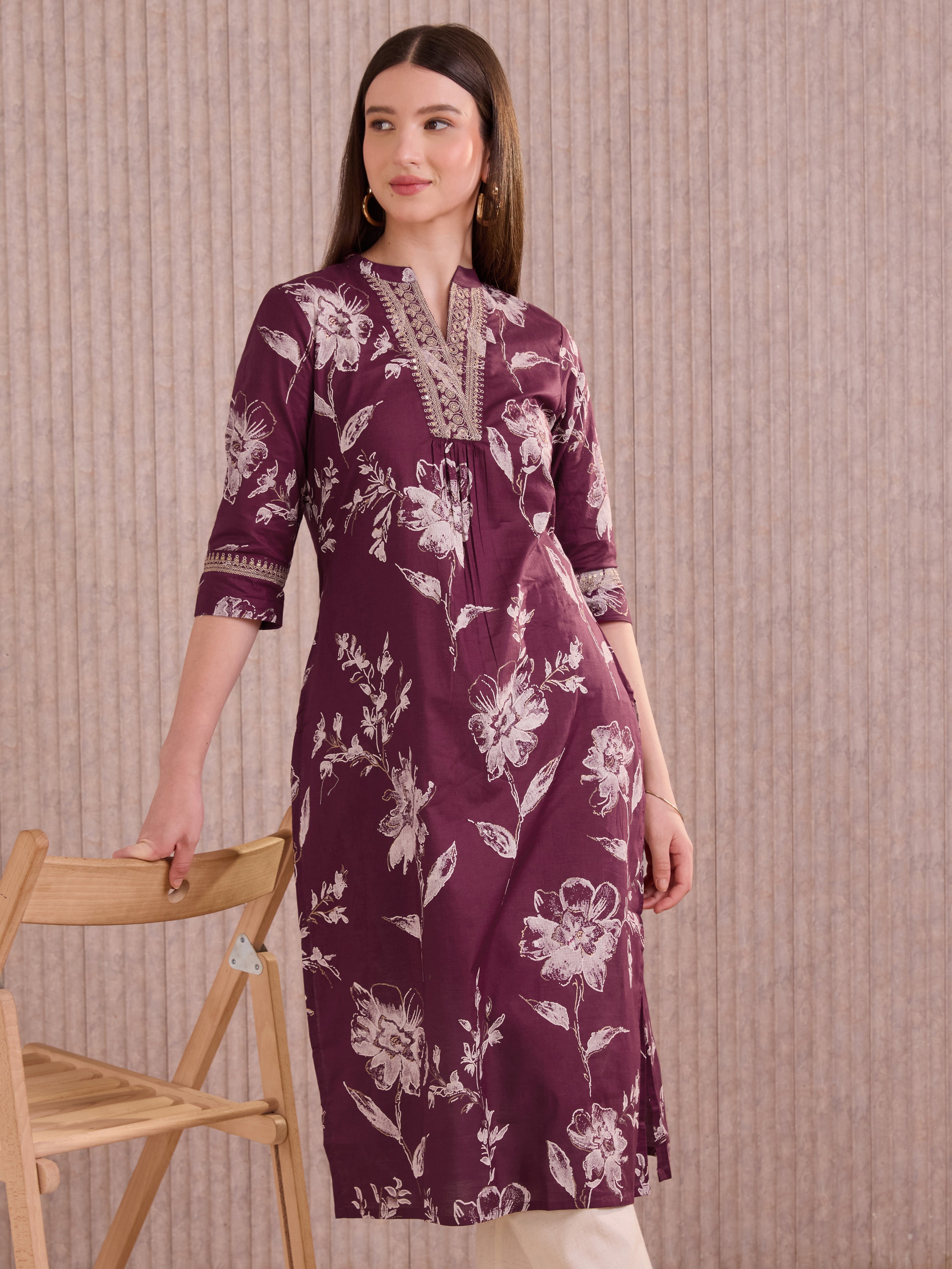 Meroon Pure Cotton Foil Printed Kurti With Sequins Embroidery