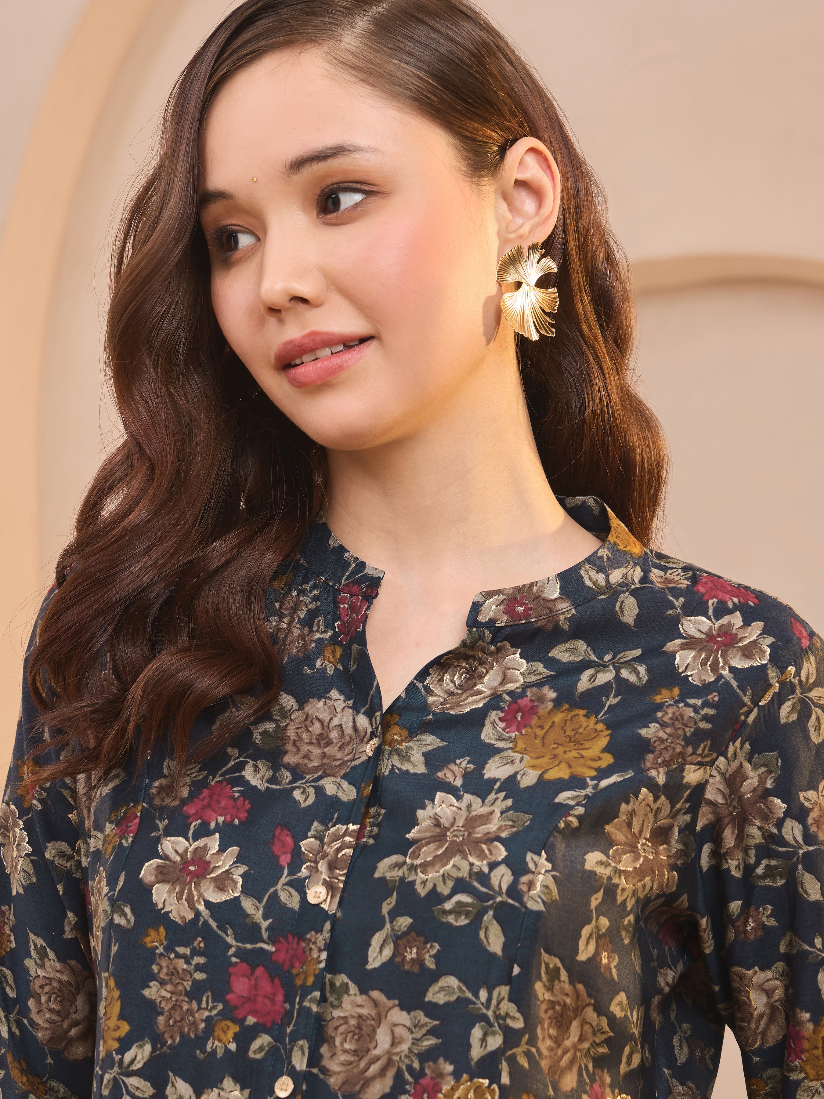 Navy Blue Modal Chanderi Printed Kurti With Embroidery And Matching Bottom