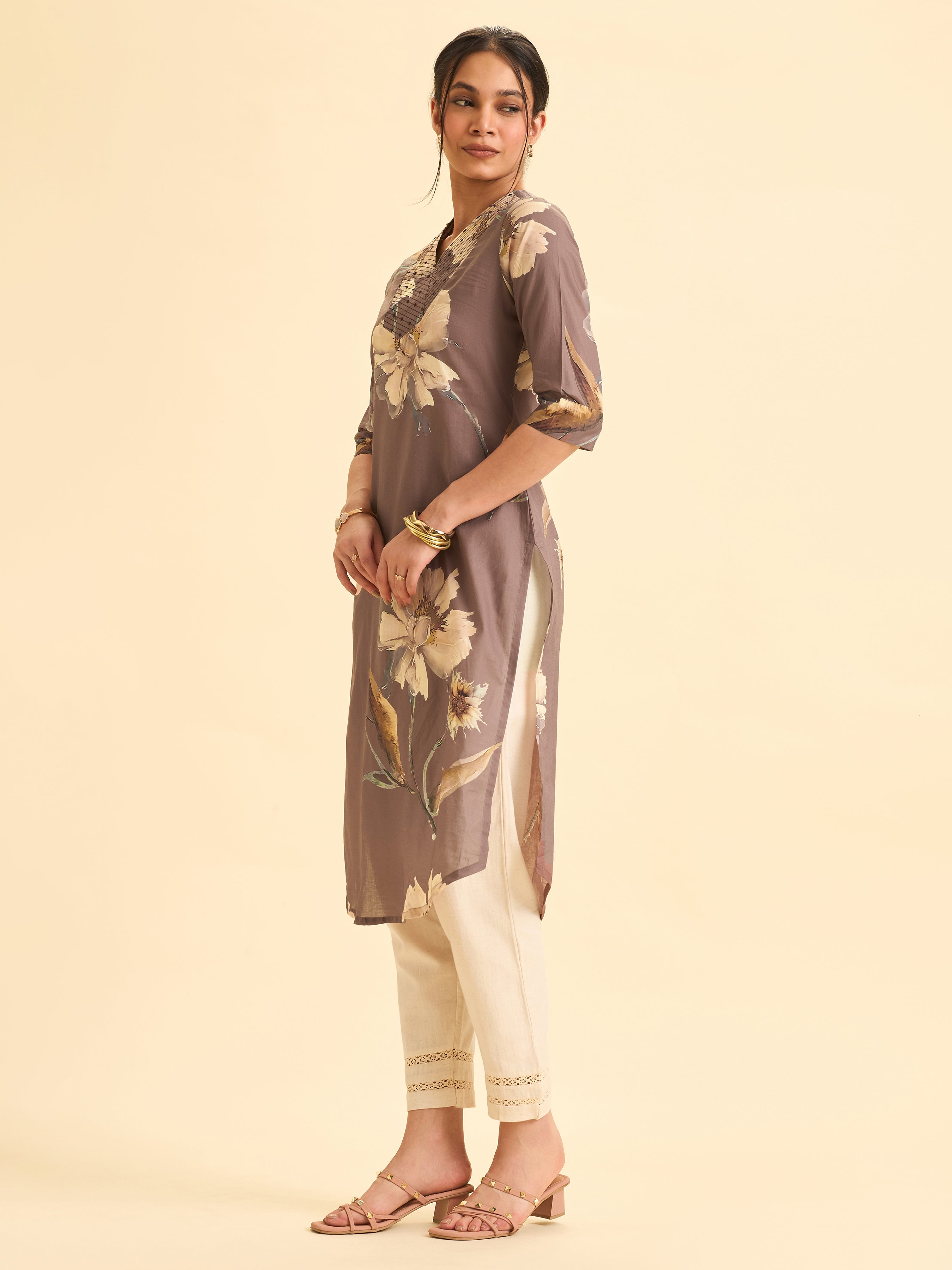 Brown Cotton Kurta With Multi Colour Print And Embroidery