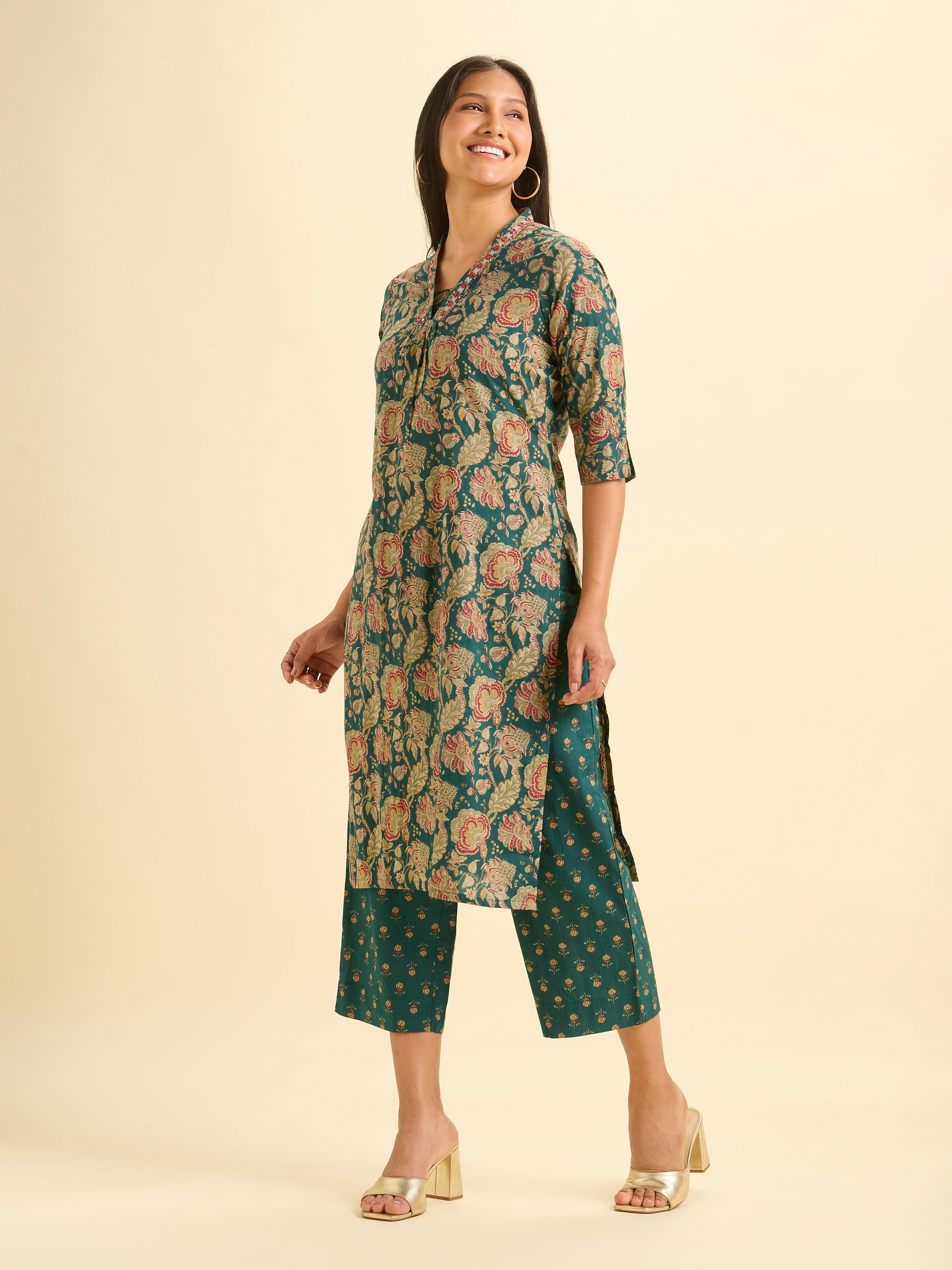 Green Colour Pure Cotton Printed Slited Kurti Set With Embroidery And Mirror Work