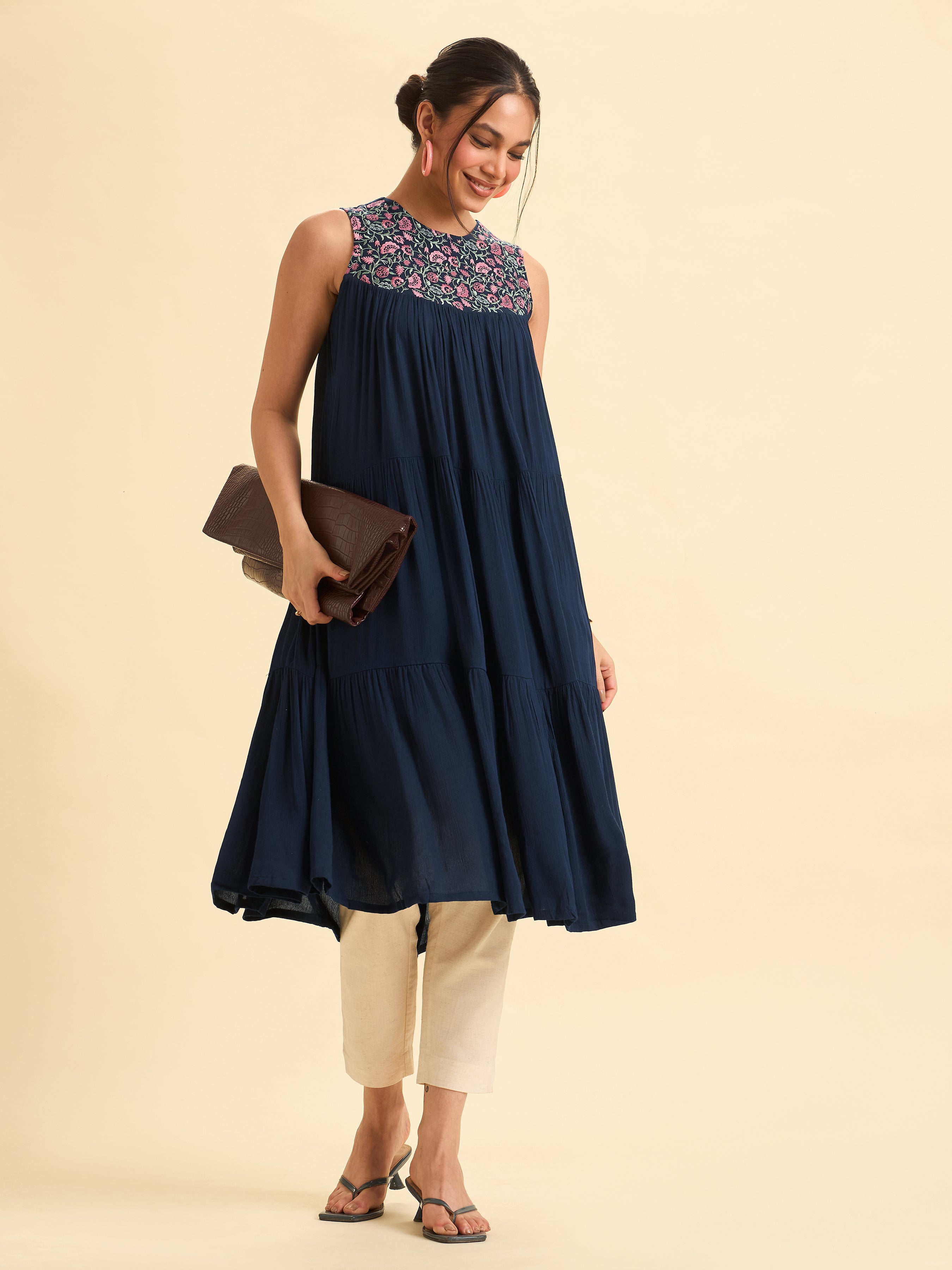 Navy Blue Wrinkle Viscose Plain Flared Tiered Cut Kurti With Sequins Embroidery