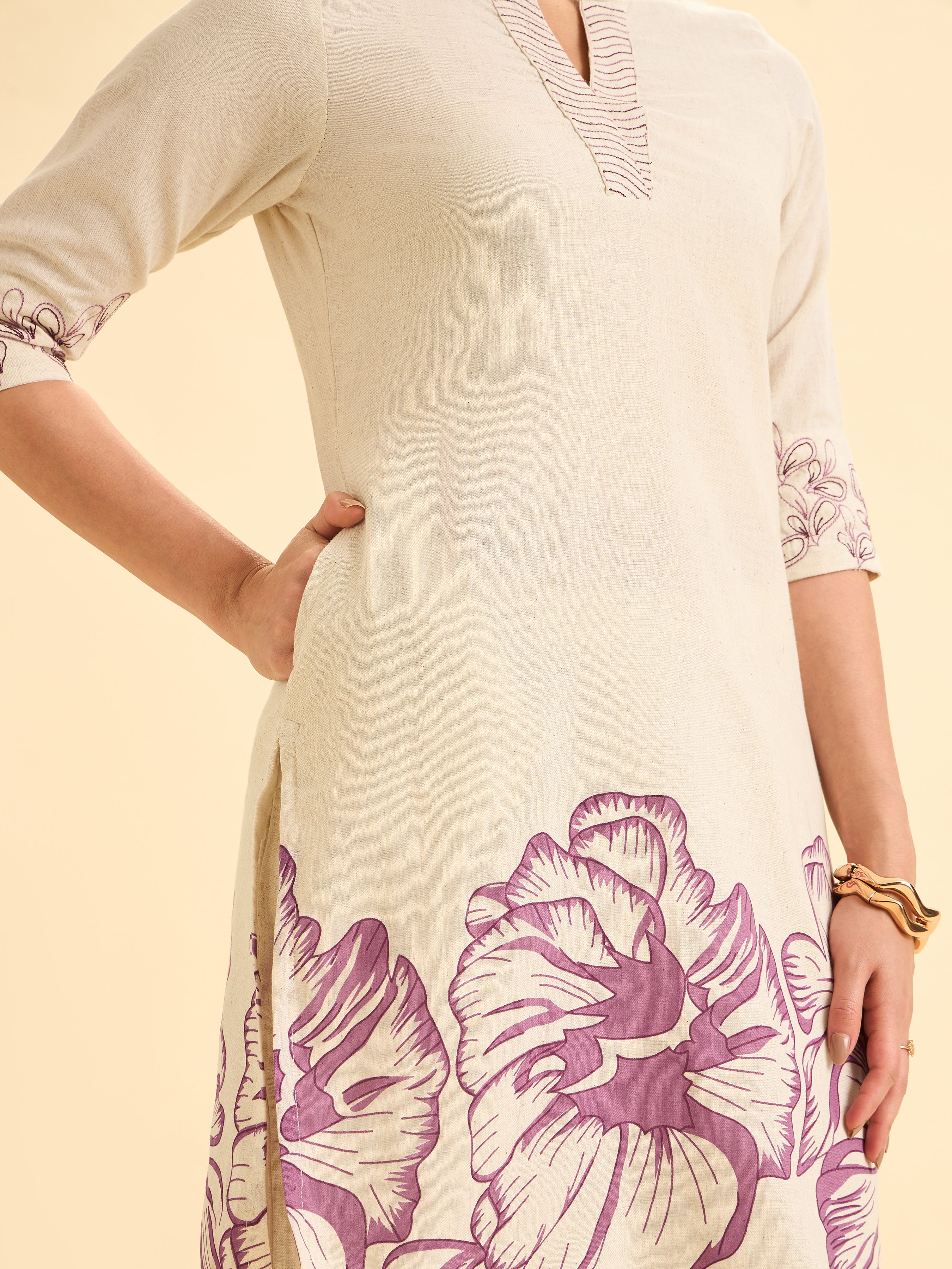 Ivory And Pink Cotton Flax Printed Kurti With Embroidery