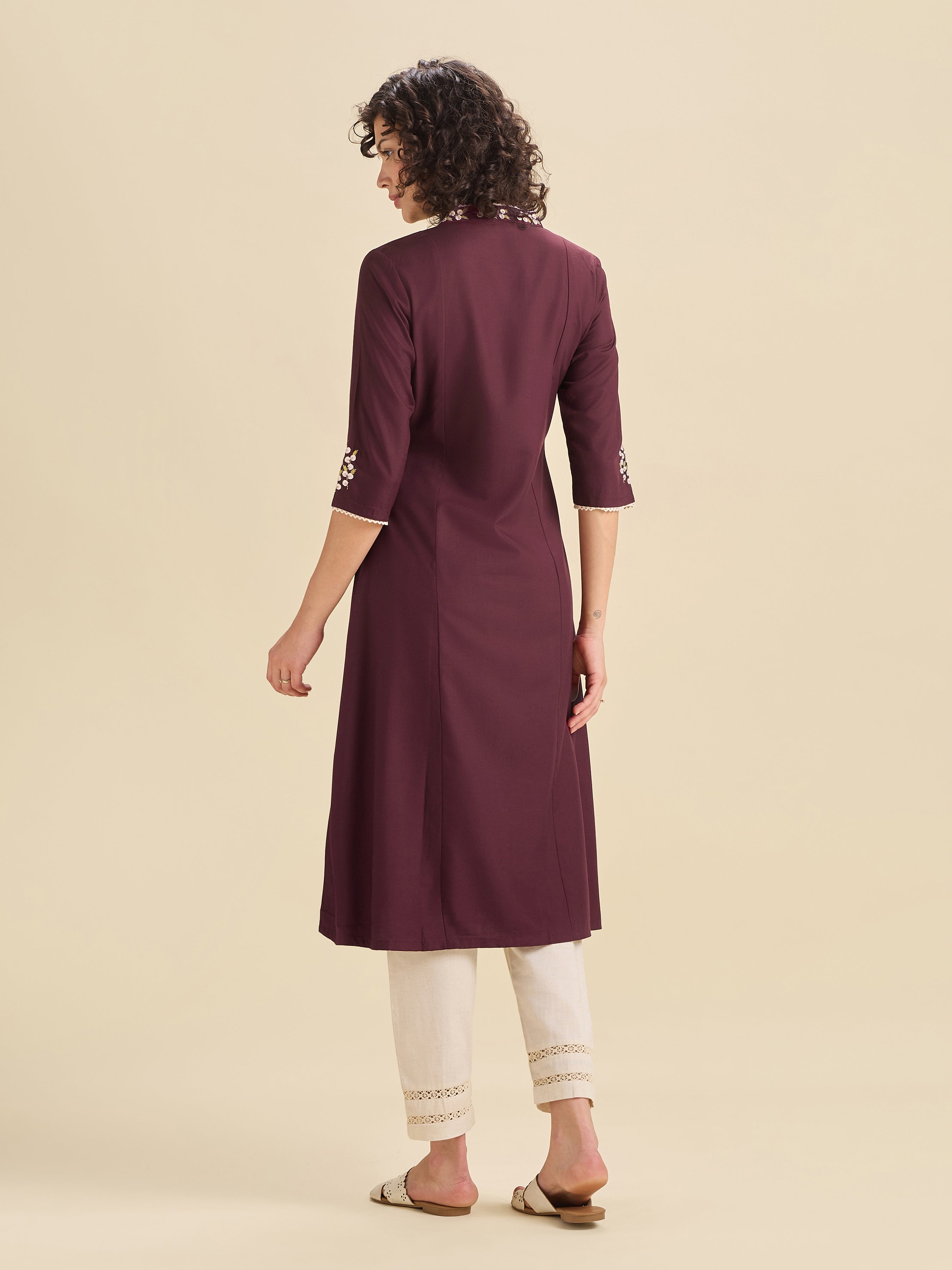 Maroon Viscose Plain Flared Center Panel Kurti With Embroidery