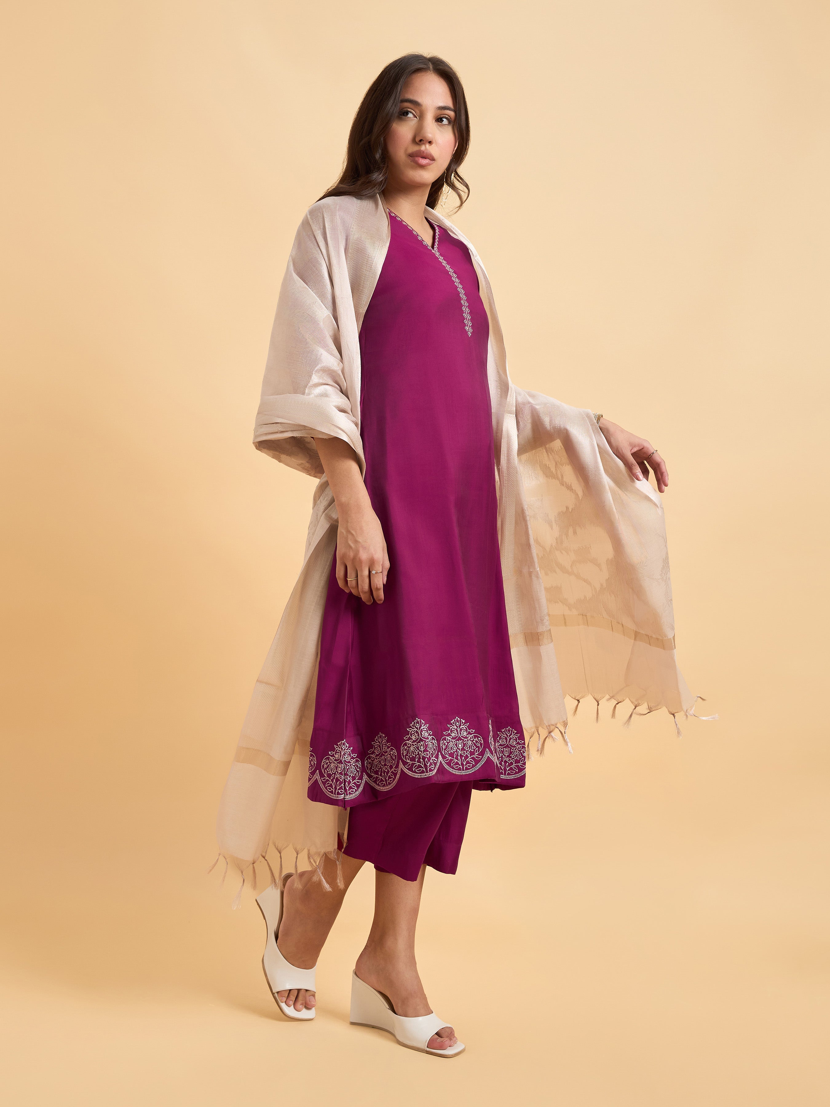 Magenta Viscose Blend Kurti Set With Dupatta And Sequence Embroidery