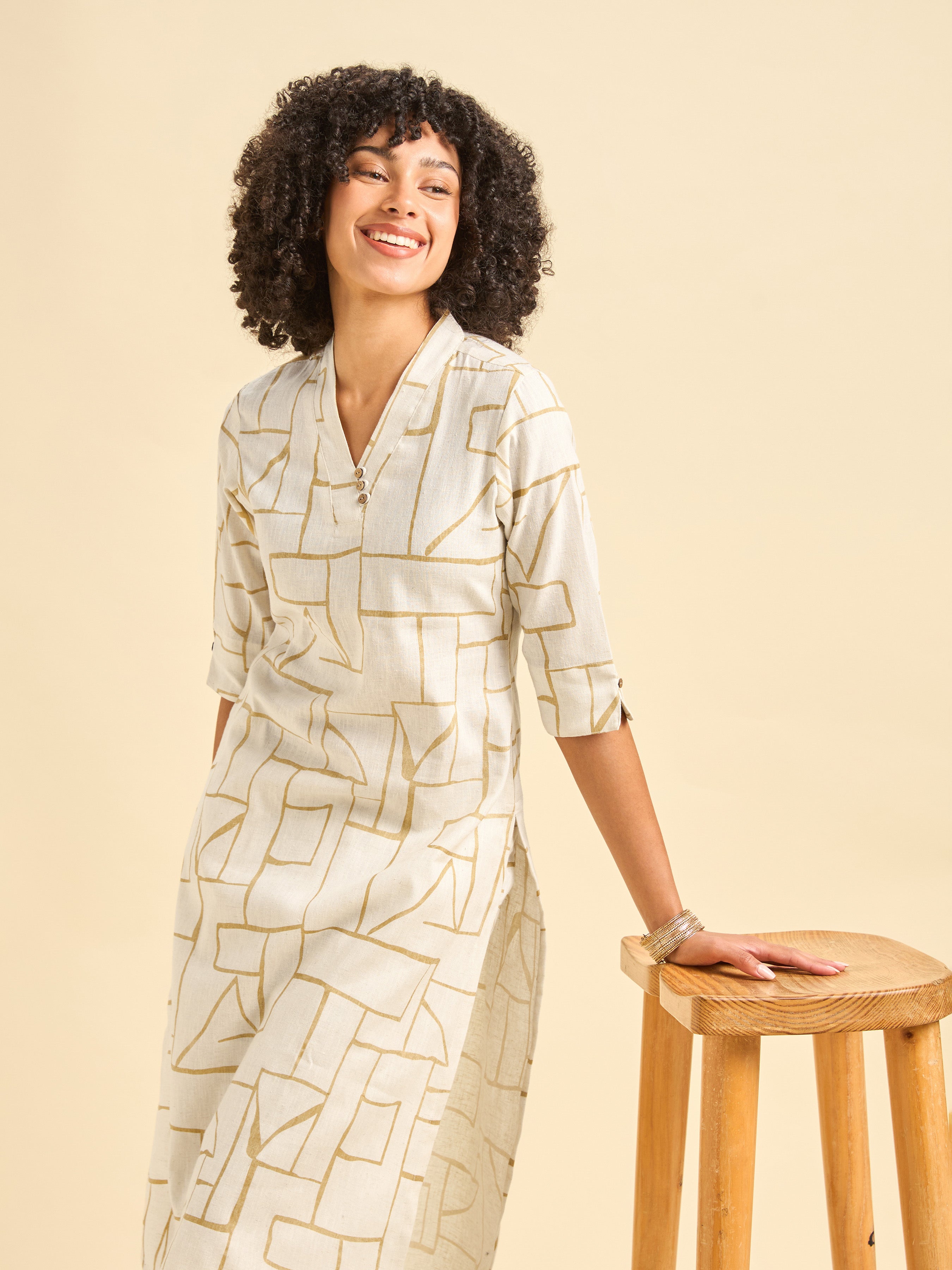 Ivory Cotton Linen Slited Printed Co-Ord Set
