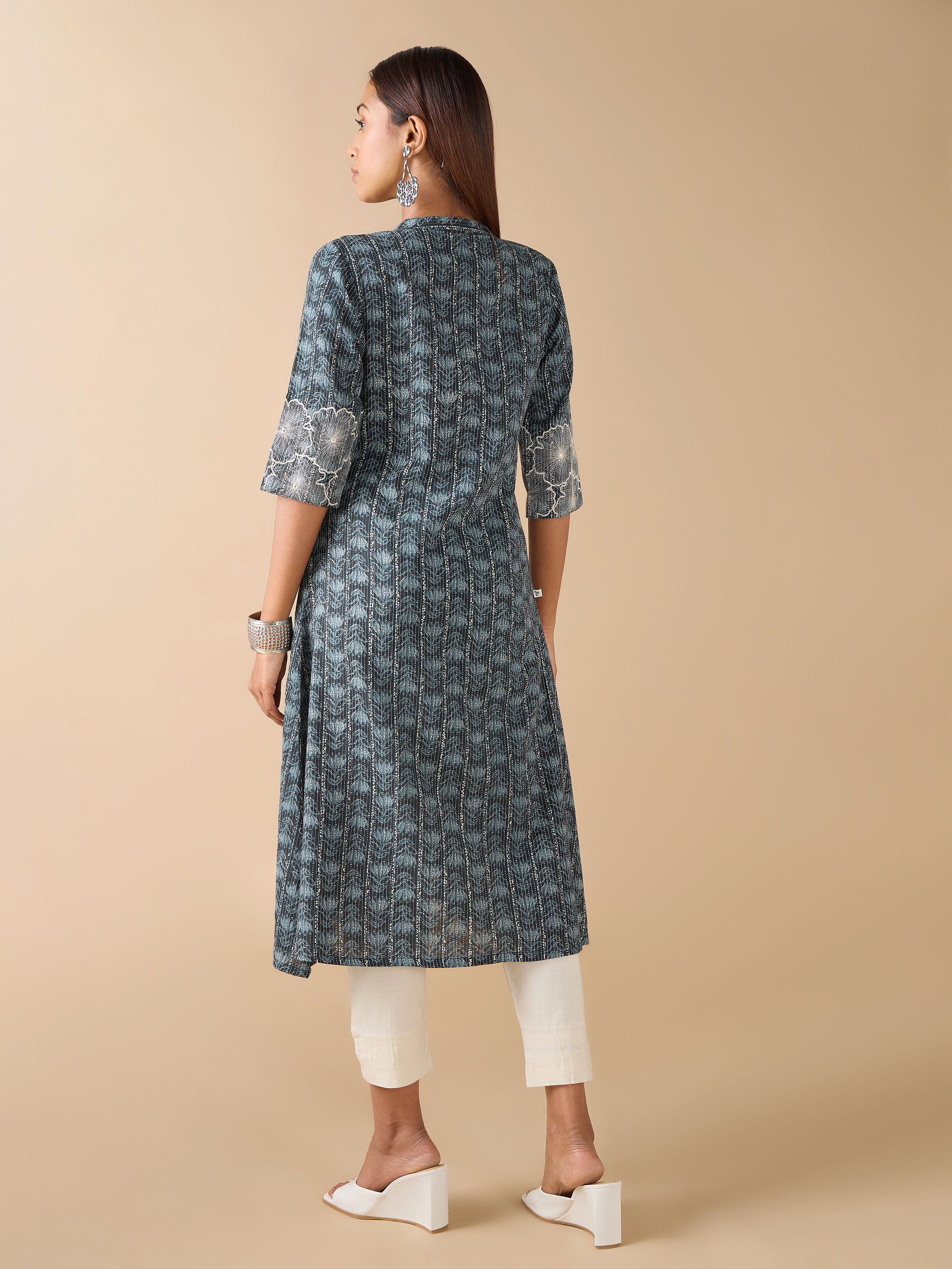 Teal Blue Pure Cotton Printed Kurti With Sequins Work