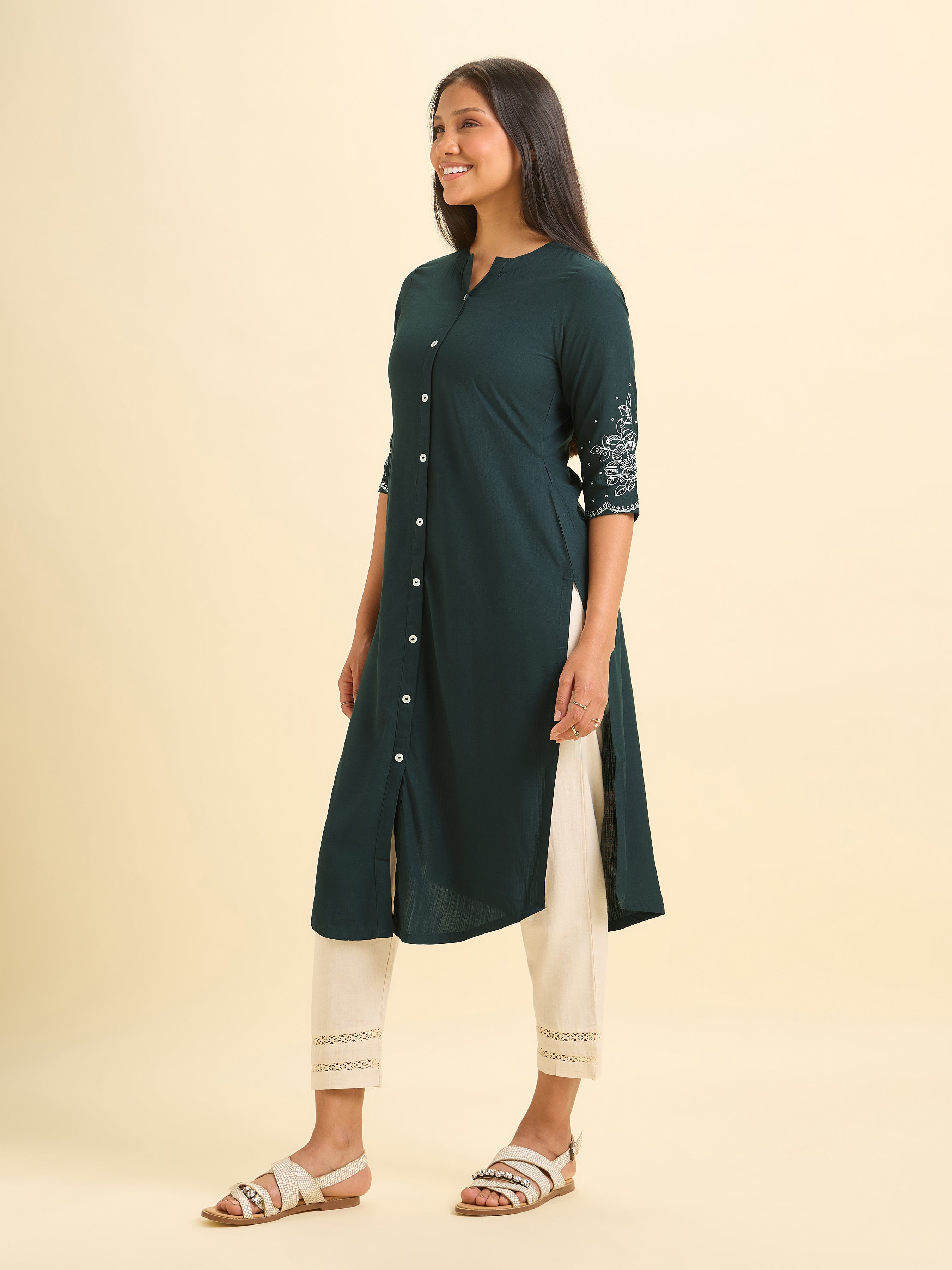 Teal viscose slub kurti with embroidery