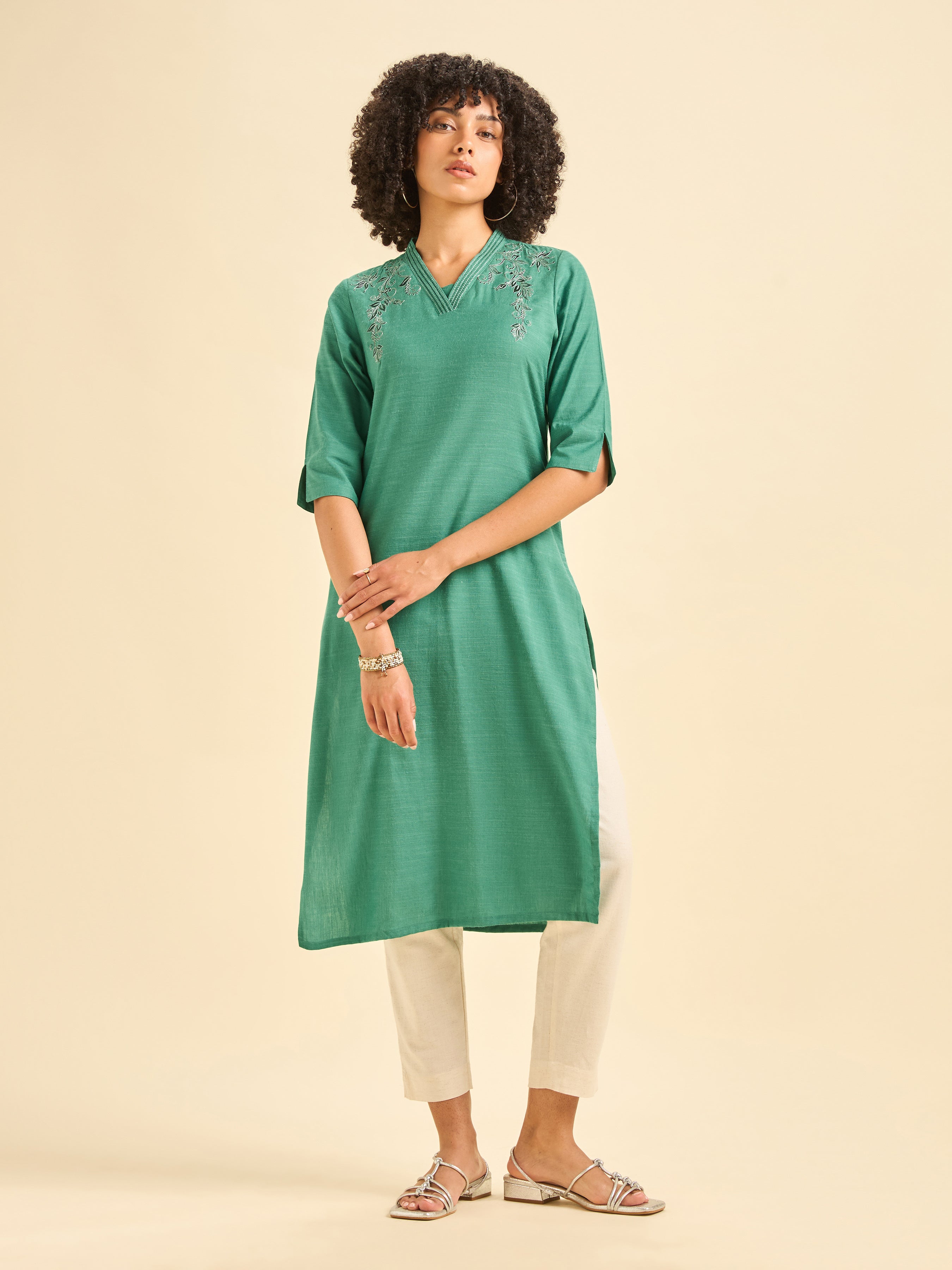 Aqua Green Cotton Viscose Flared Kurti With Embroidery