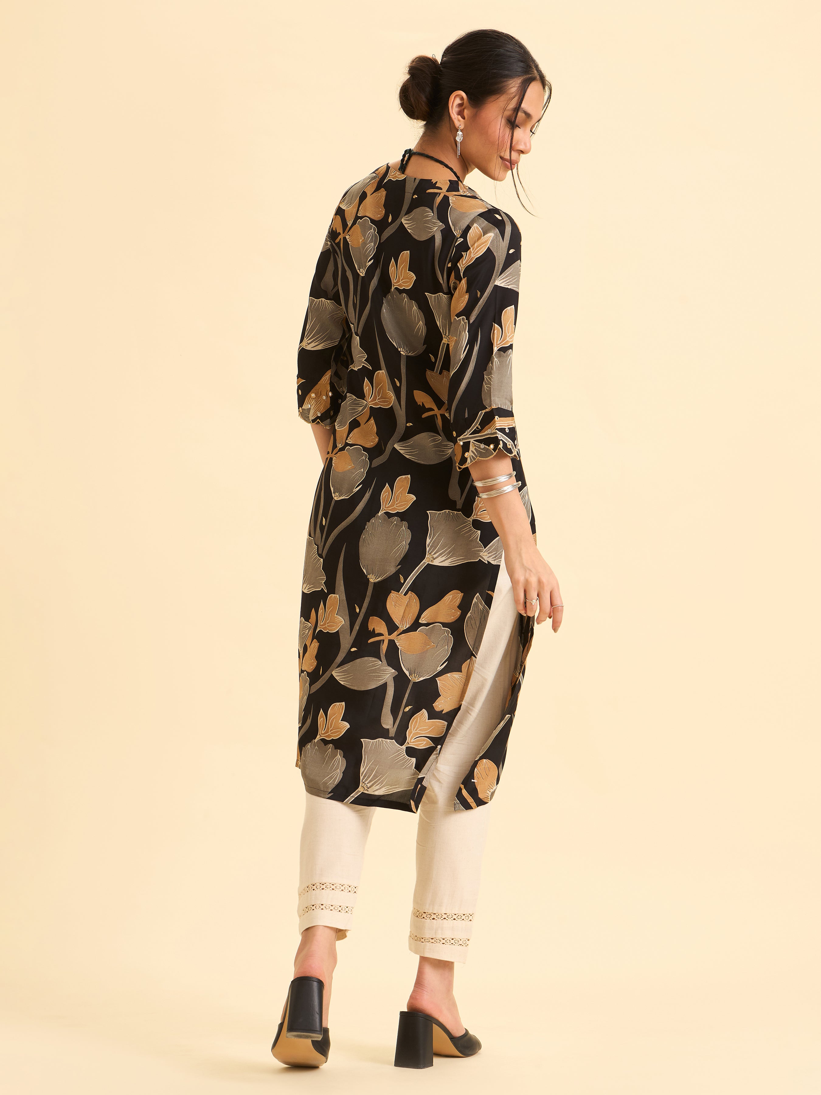 Black Modal Satin Slitted Kurti With Multi Colour Print And Mirror Work