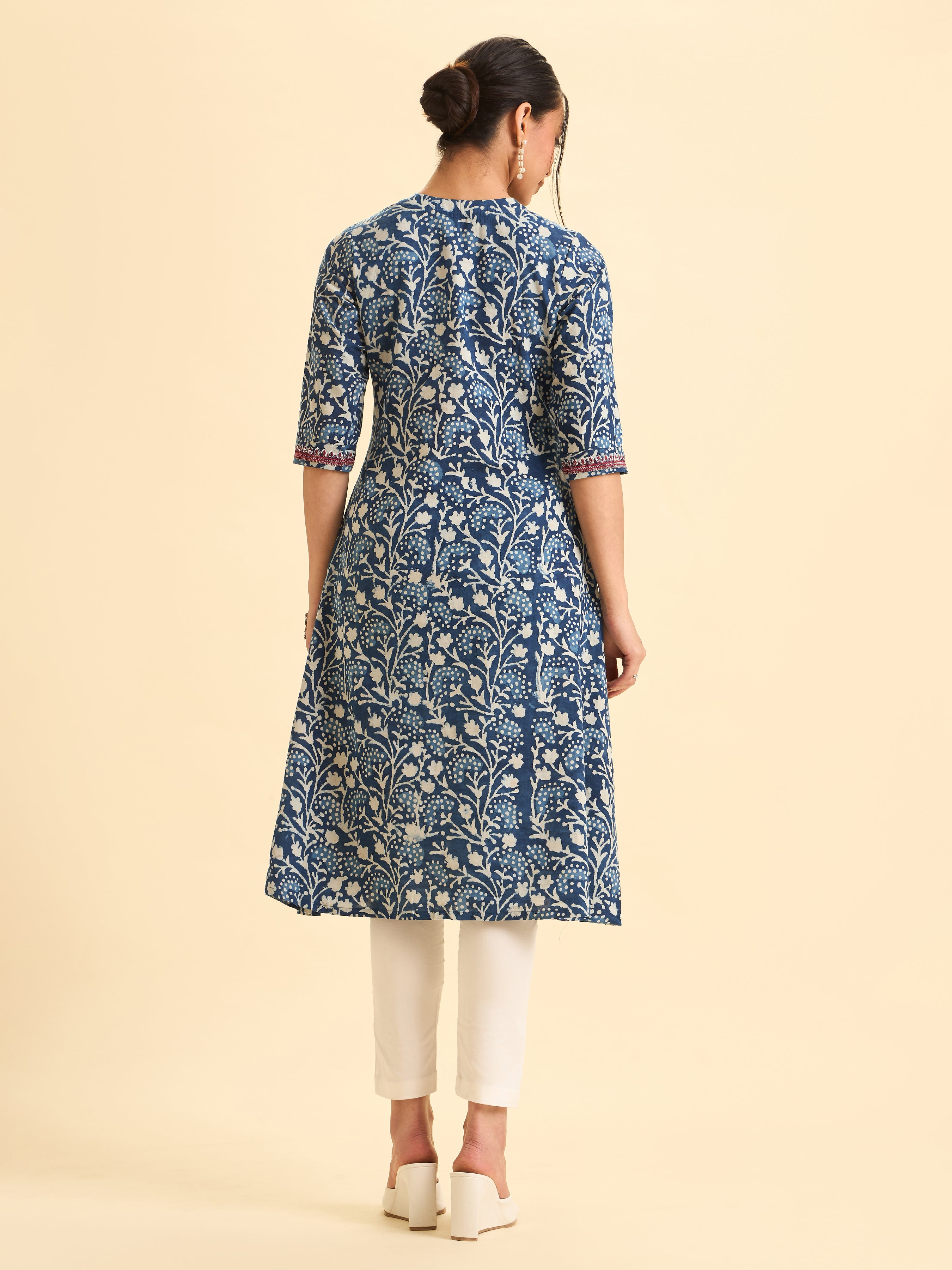 Indigo Blue Pure Cotton Printed Kurti With Embroidery And Sequins Work
