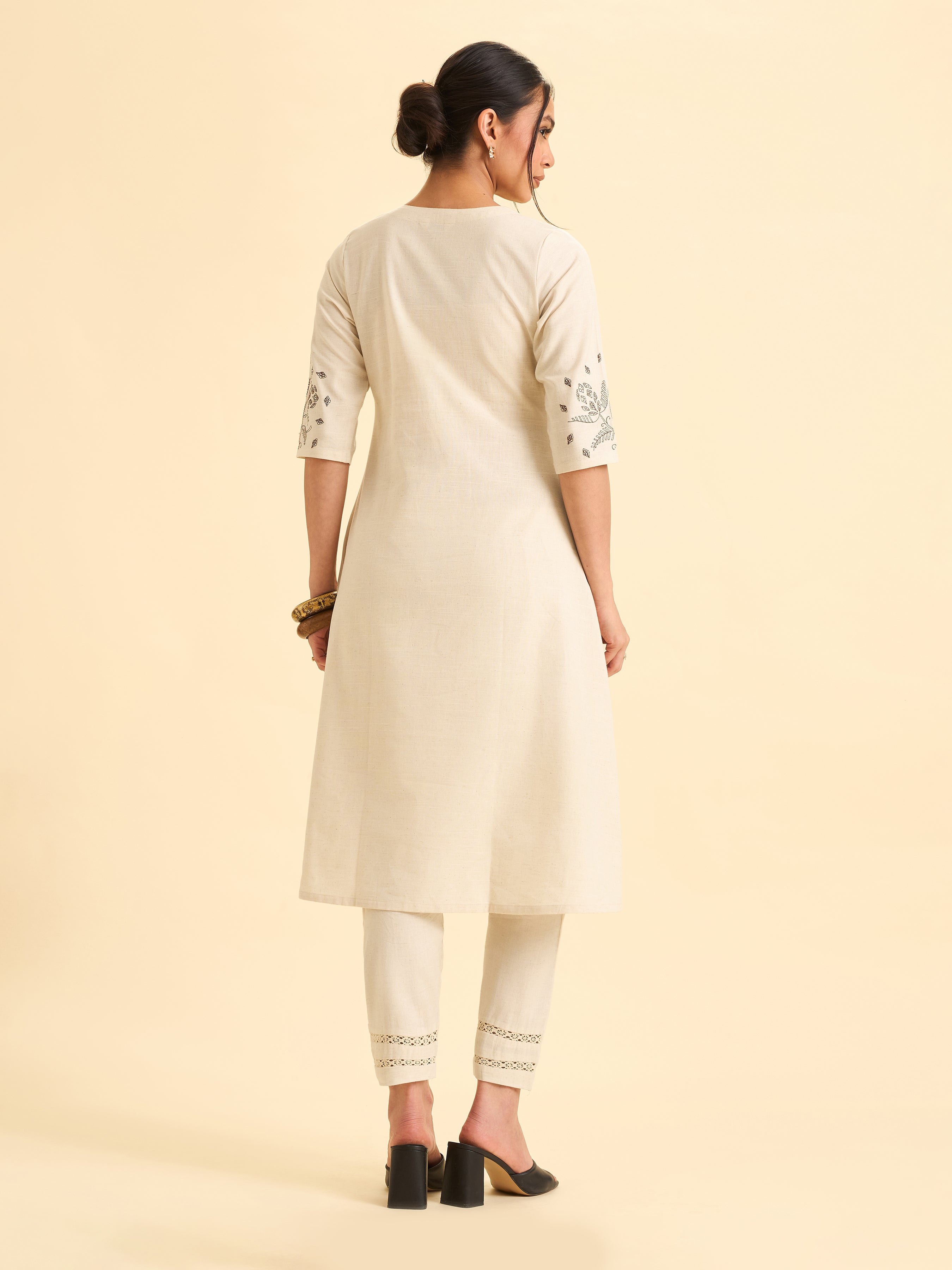 Ivory Cotton Flax Slub Embroideriy Kurti With Panelcut And Gathers