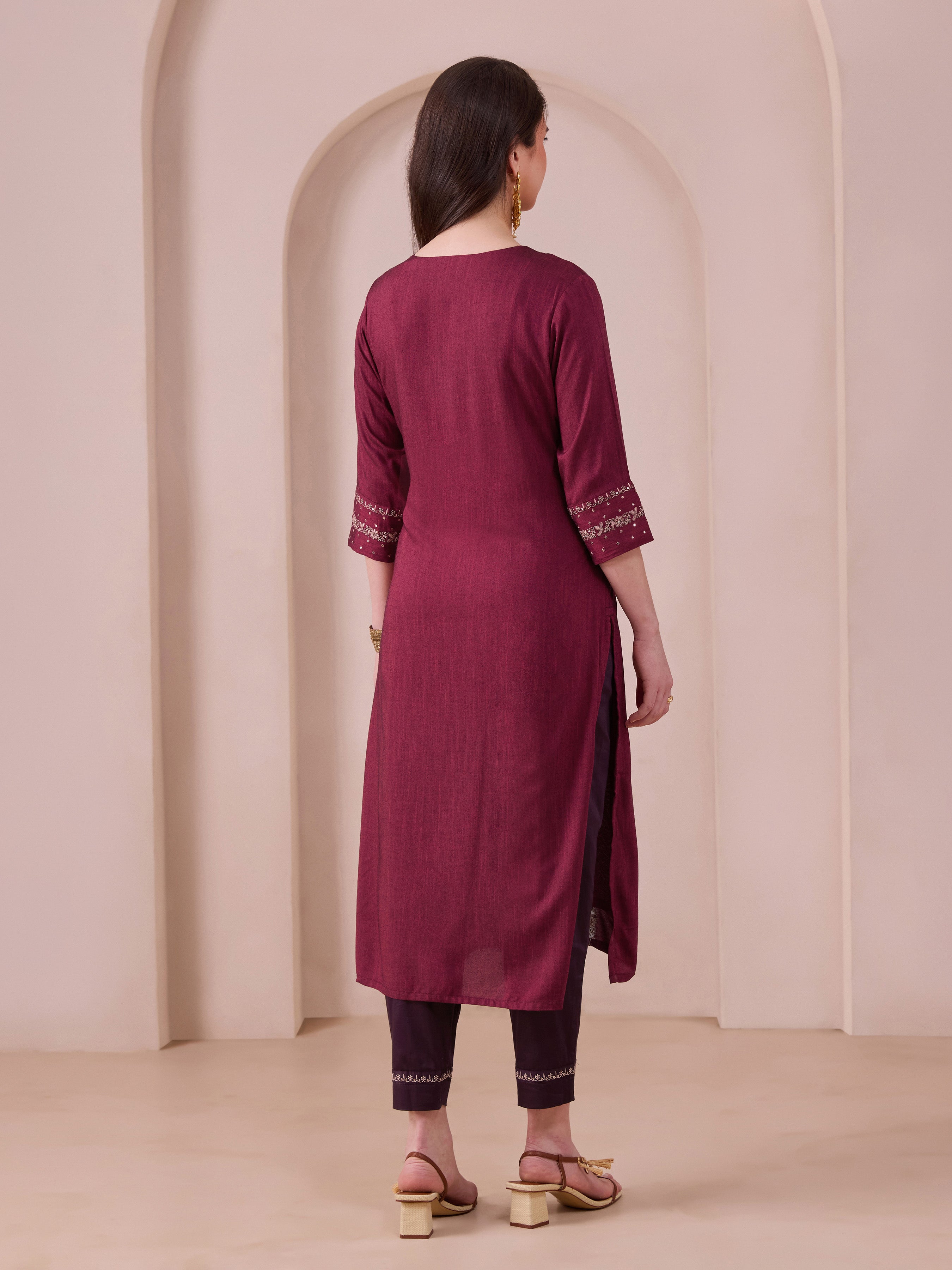 Majenta Viscose Kurti & Bottom With Embroidery
