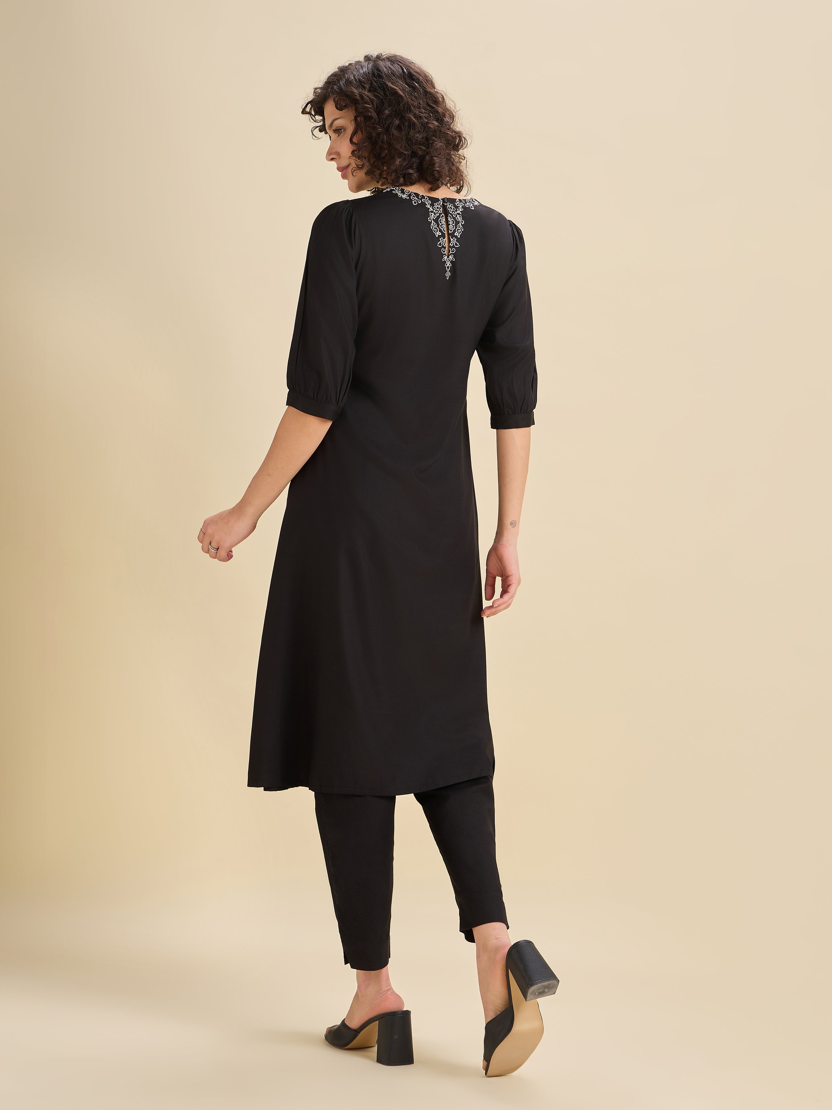 Black Viscose Plain Flared Center Panel Kurti With Embroidery
