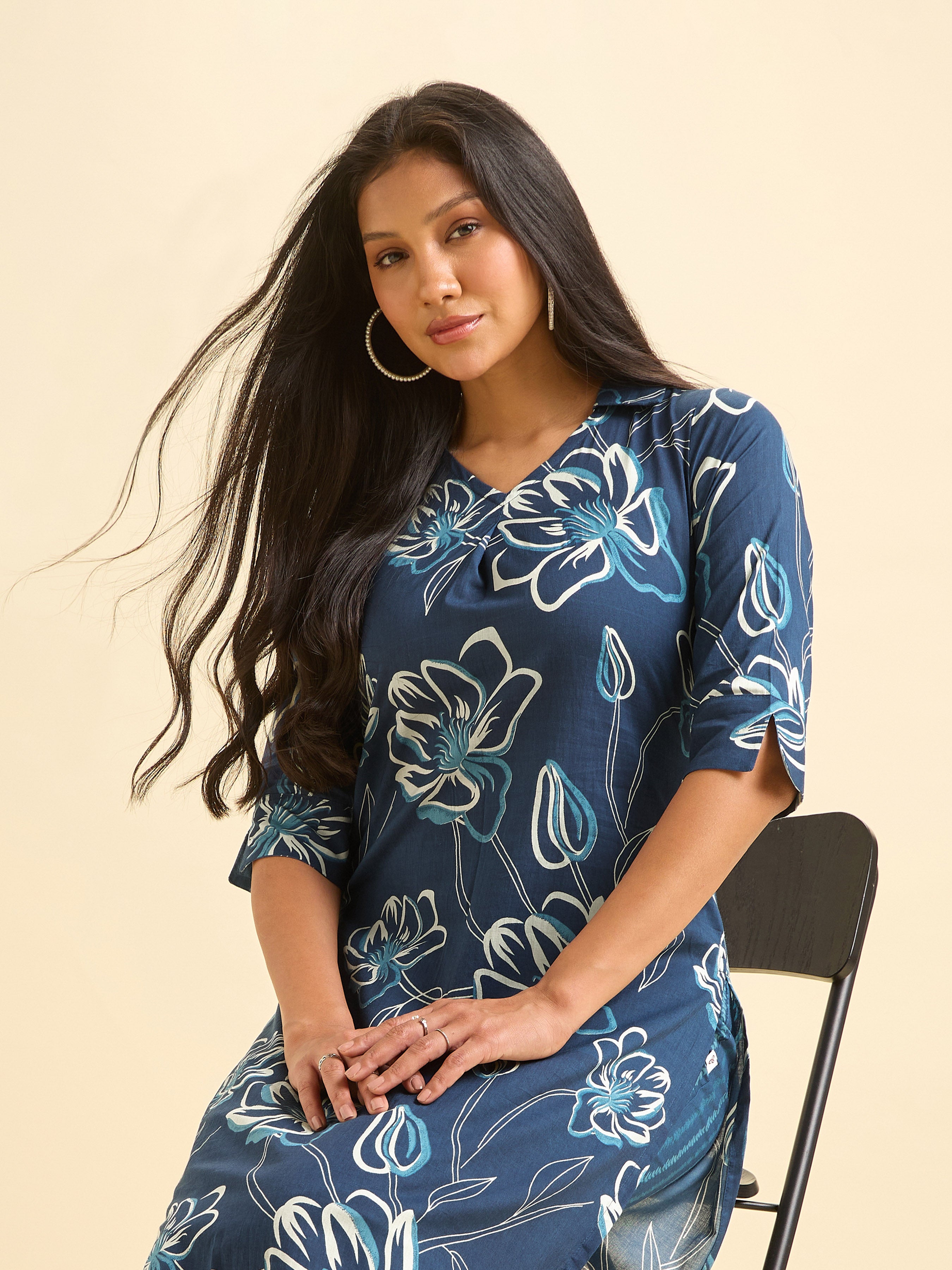 Royal Blue Pure Cotton Printed Slited Kurti Set With Knife Pleats And Curved Hem Line