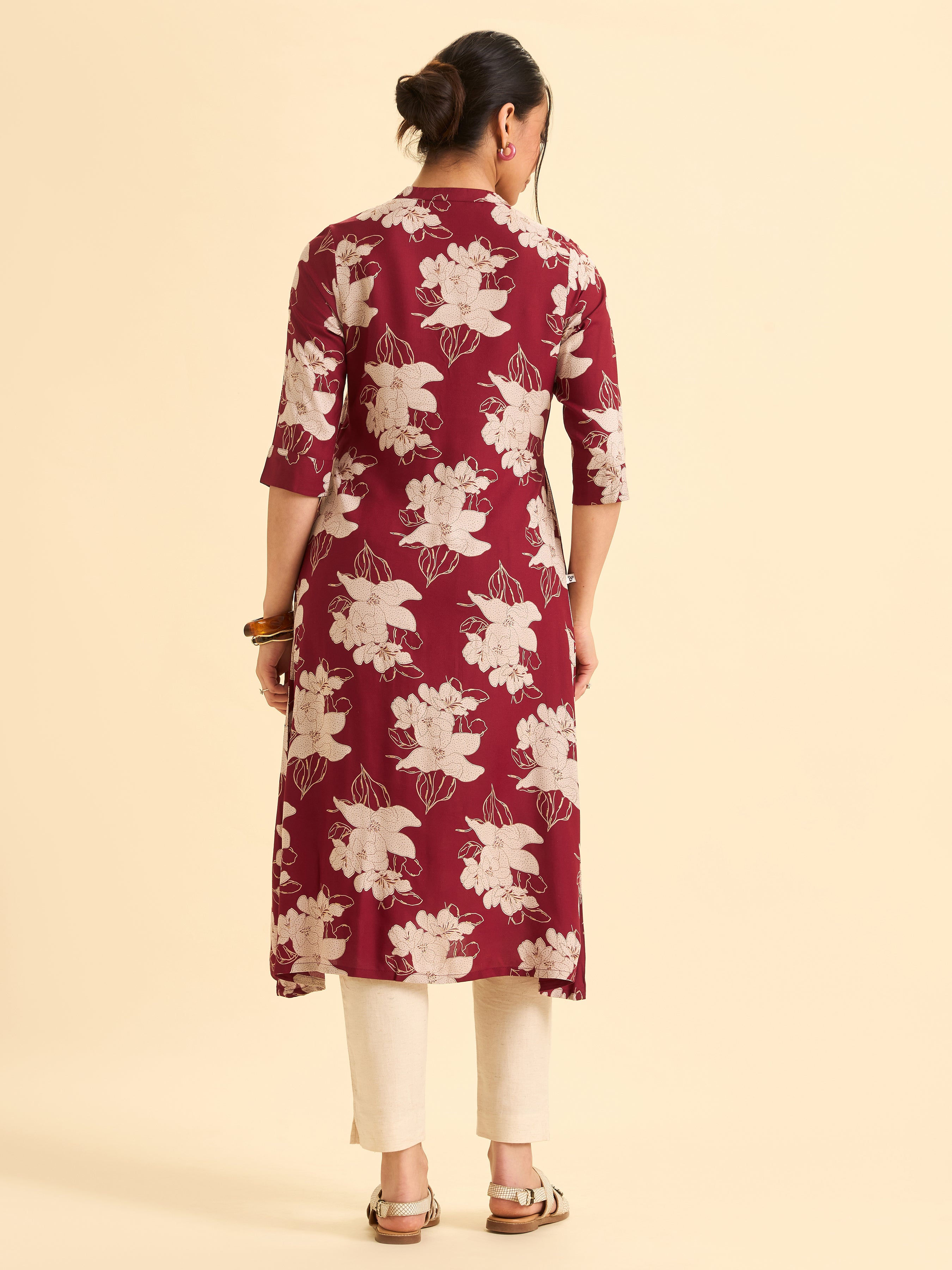 Red And Ivory Viscose Printed Flared Angrakha Kurti