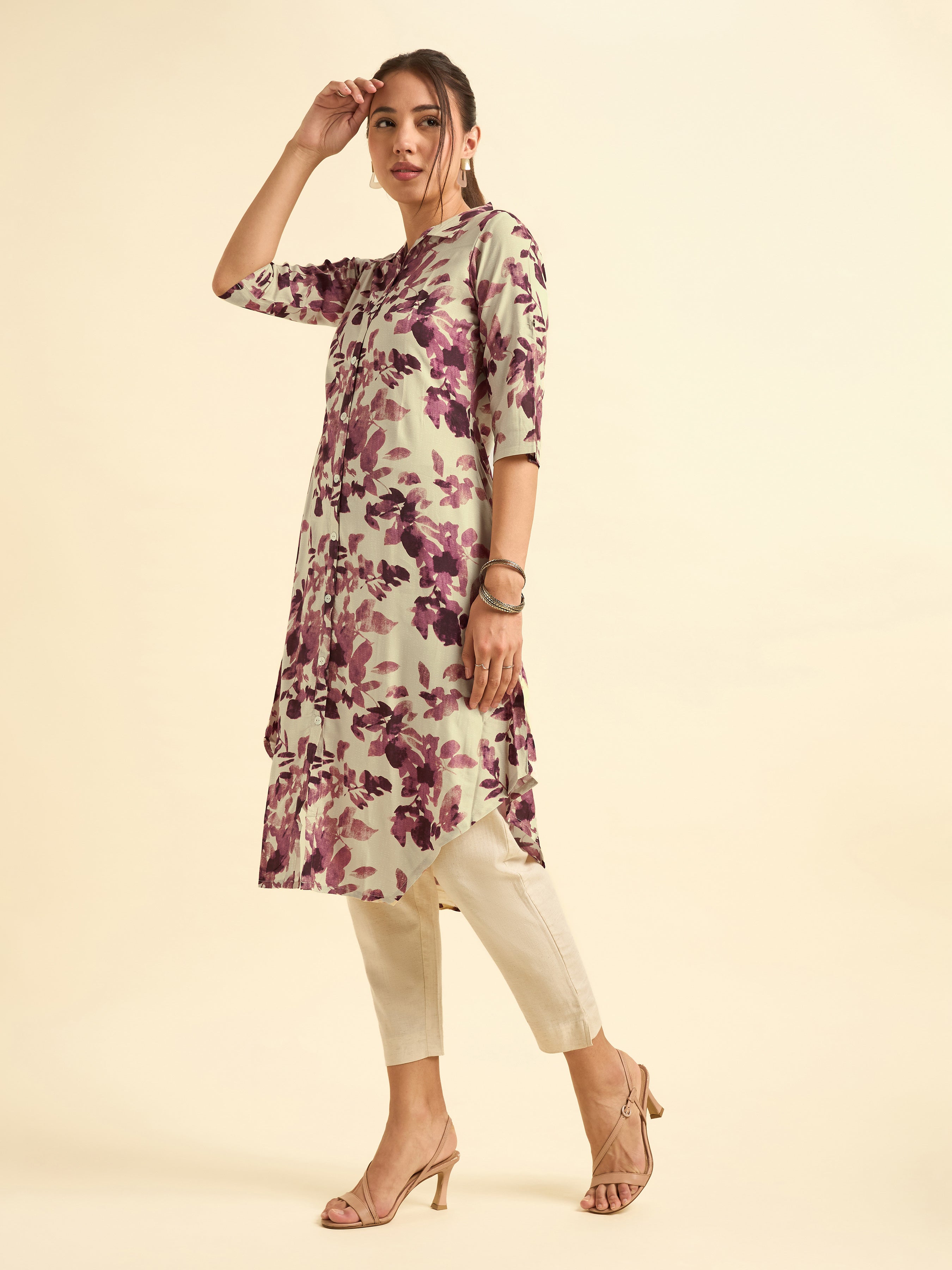 Ivory Wine Red Viscosew Printed Kurti With Shaped Hemline