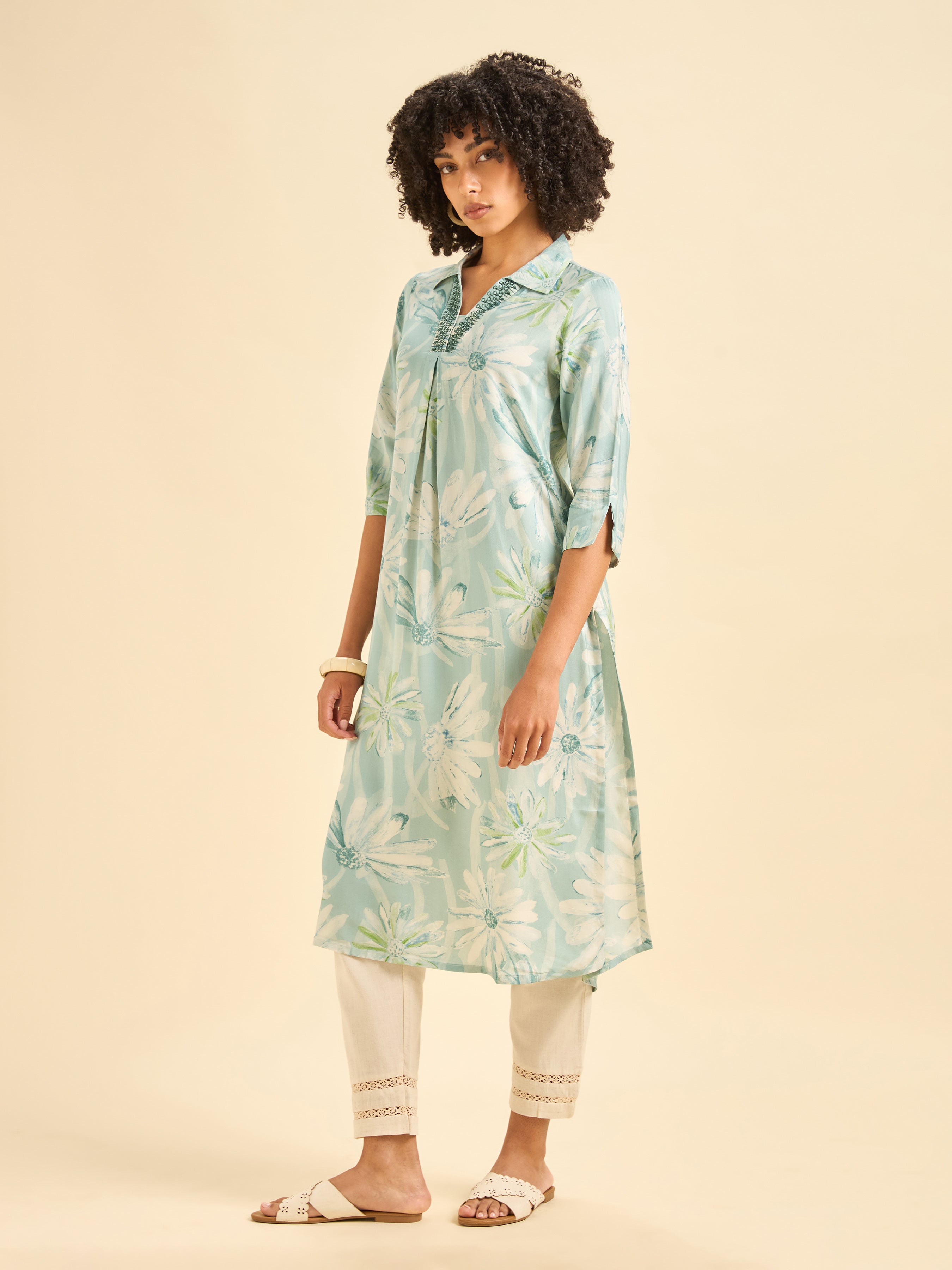 Light Blue Muslin Printed Kurti With Embroidery