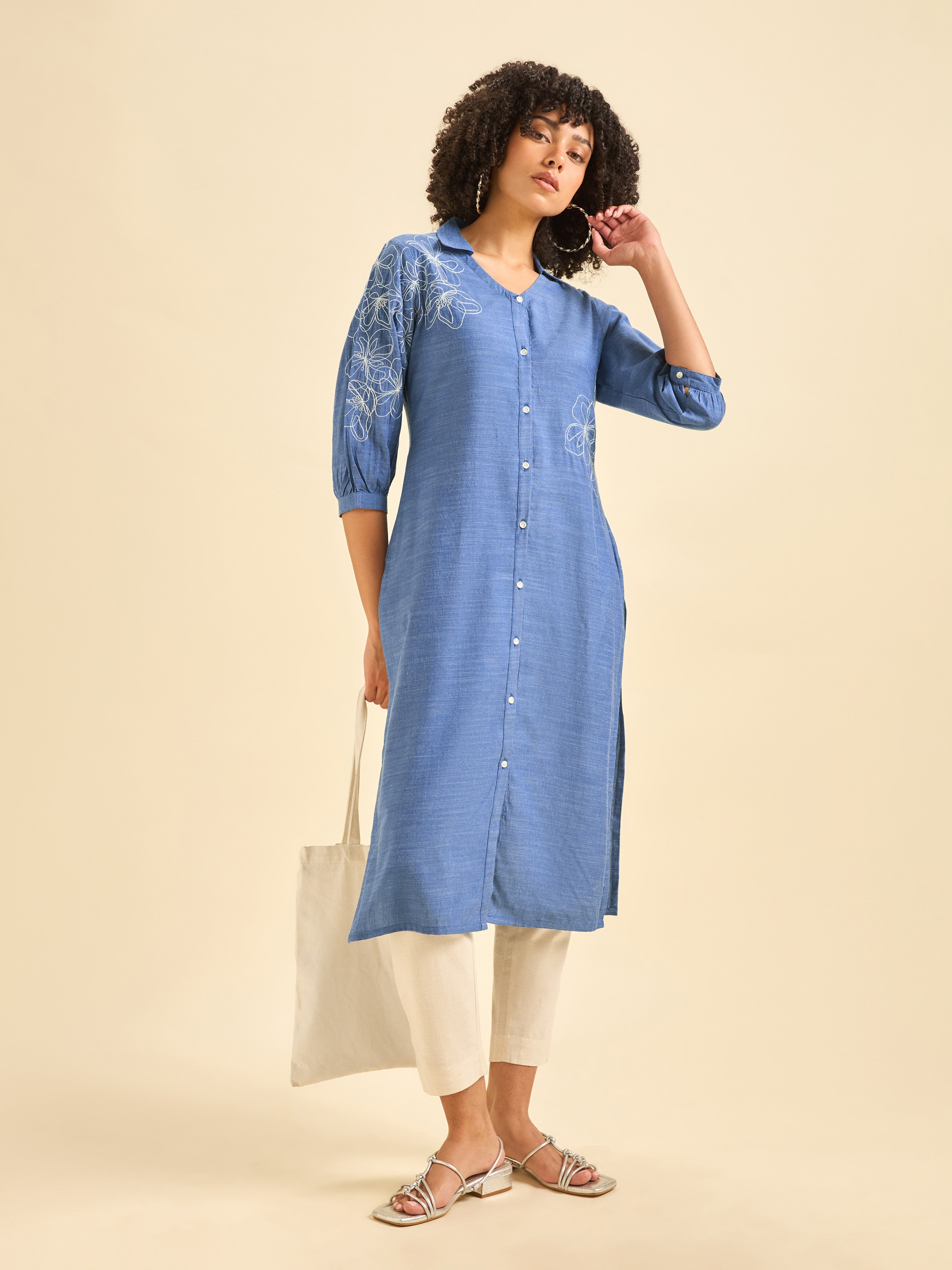 Blue Cotton Viscose Kurti With Embroidery