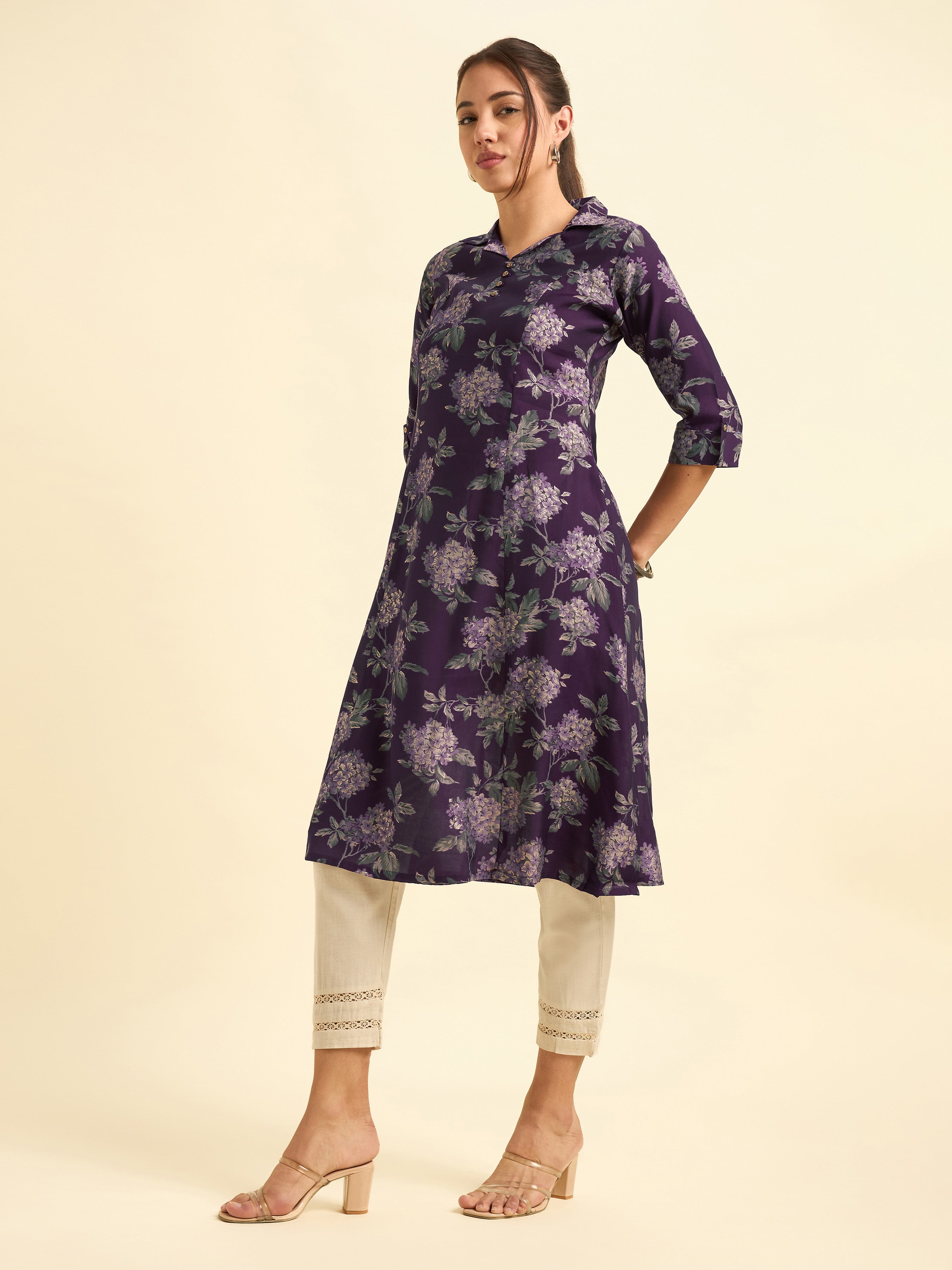Purple Modal Chanderi Flared Printed Kurti With Princesscut