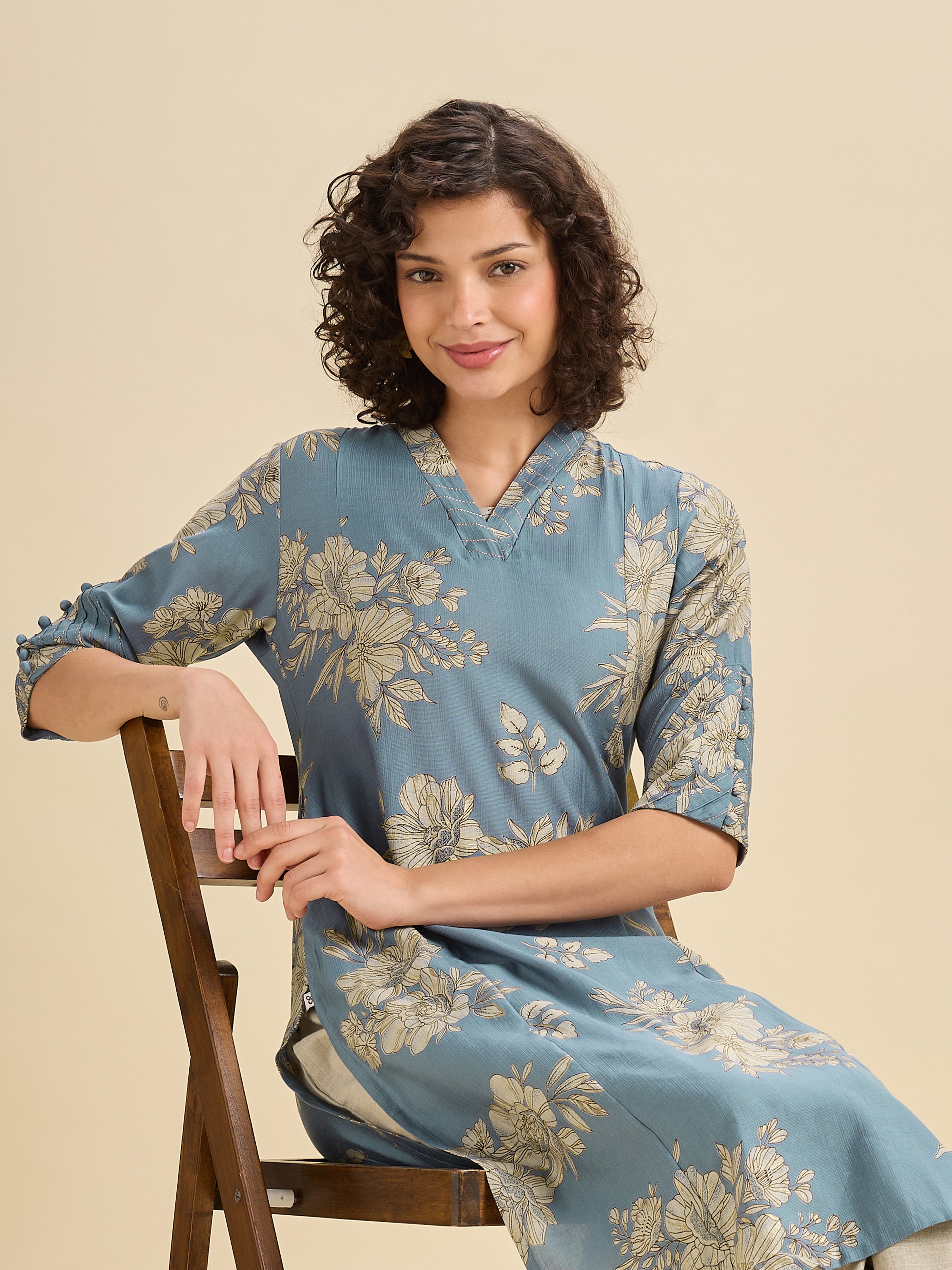Sky Blue Viscose Blend Printed Kurta With Embroidery