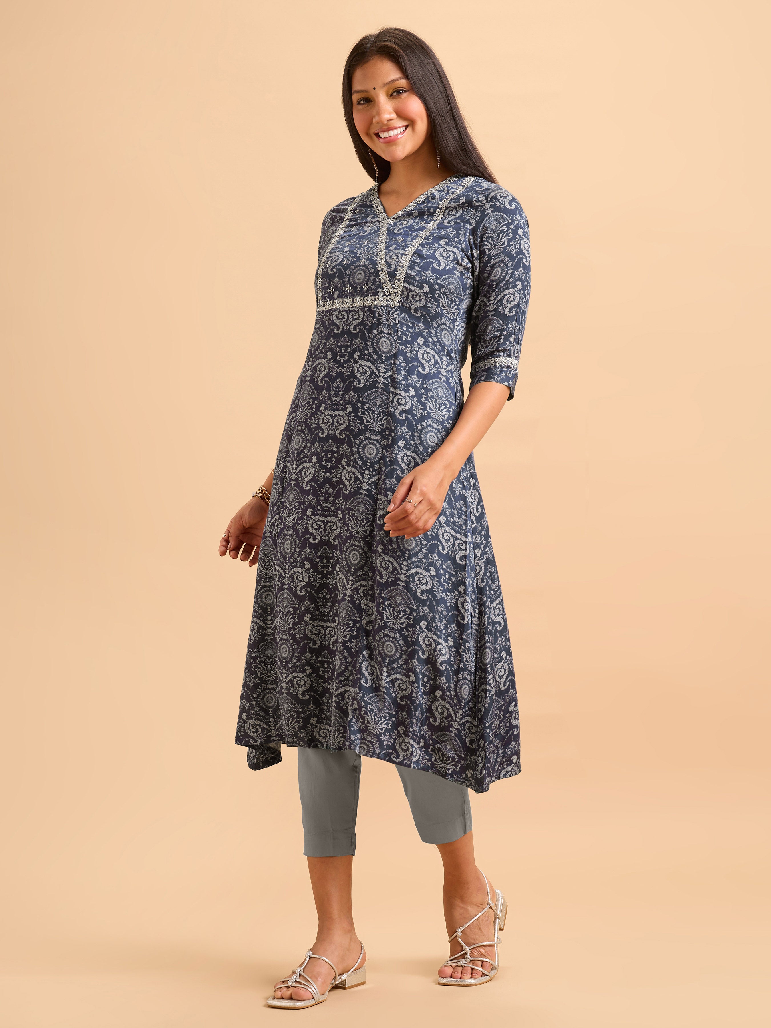 Navy Blue Modal Satin Printed Kurti Set With Embroidery