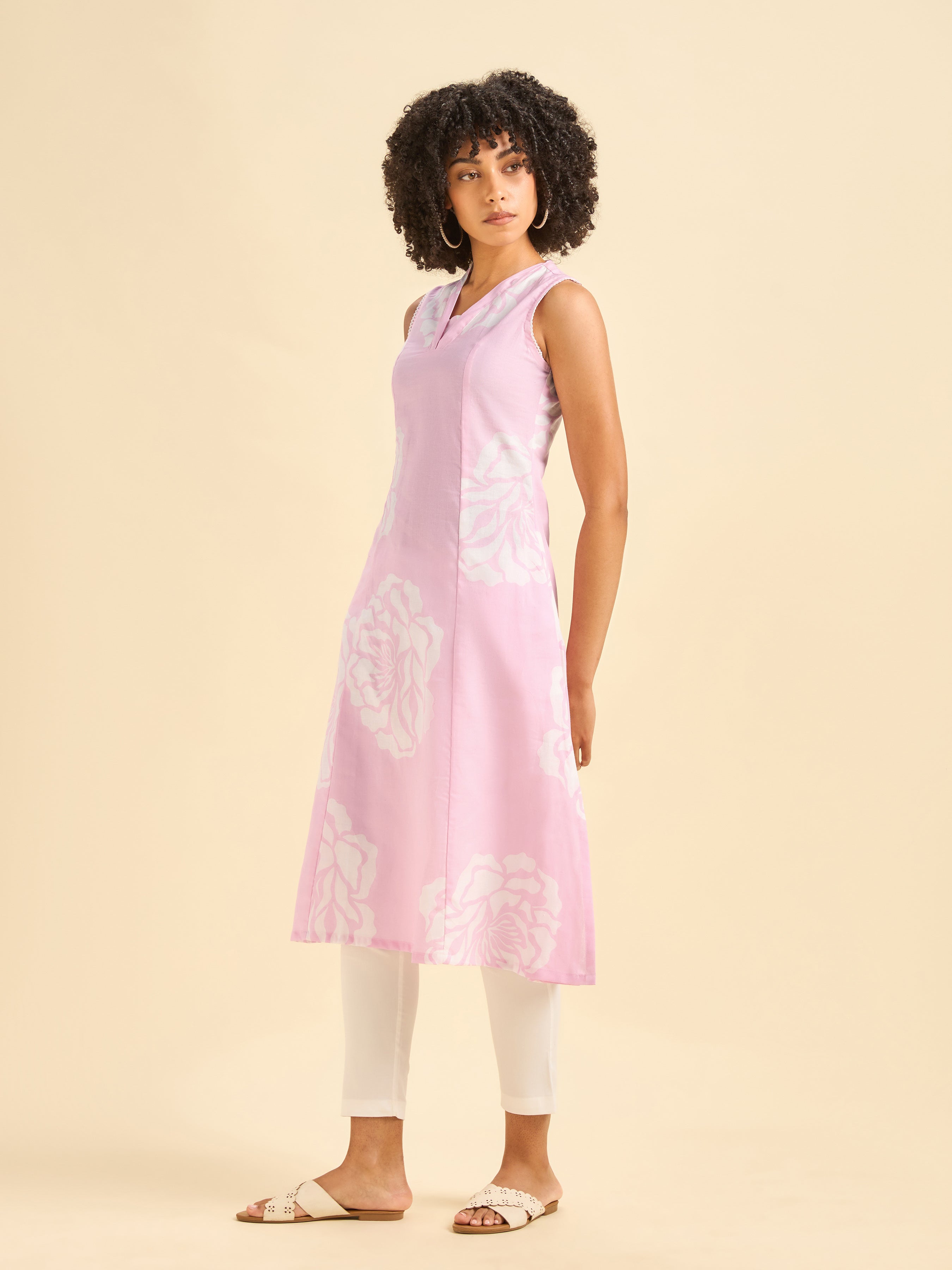 Pink And White Cotton Flax Flared Princess Cut Kurti