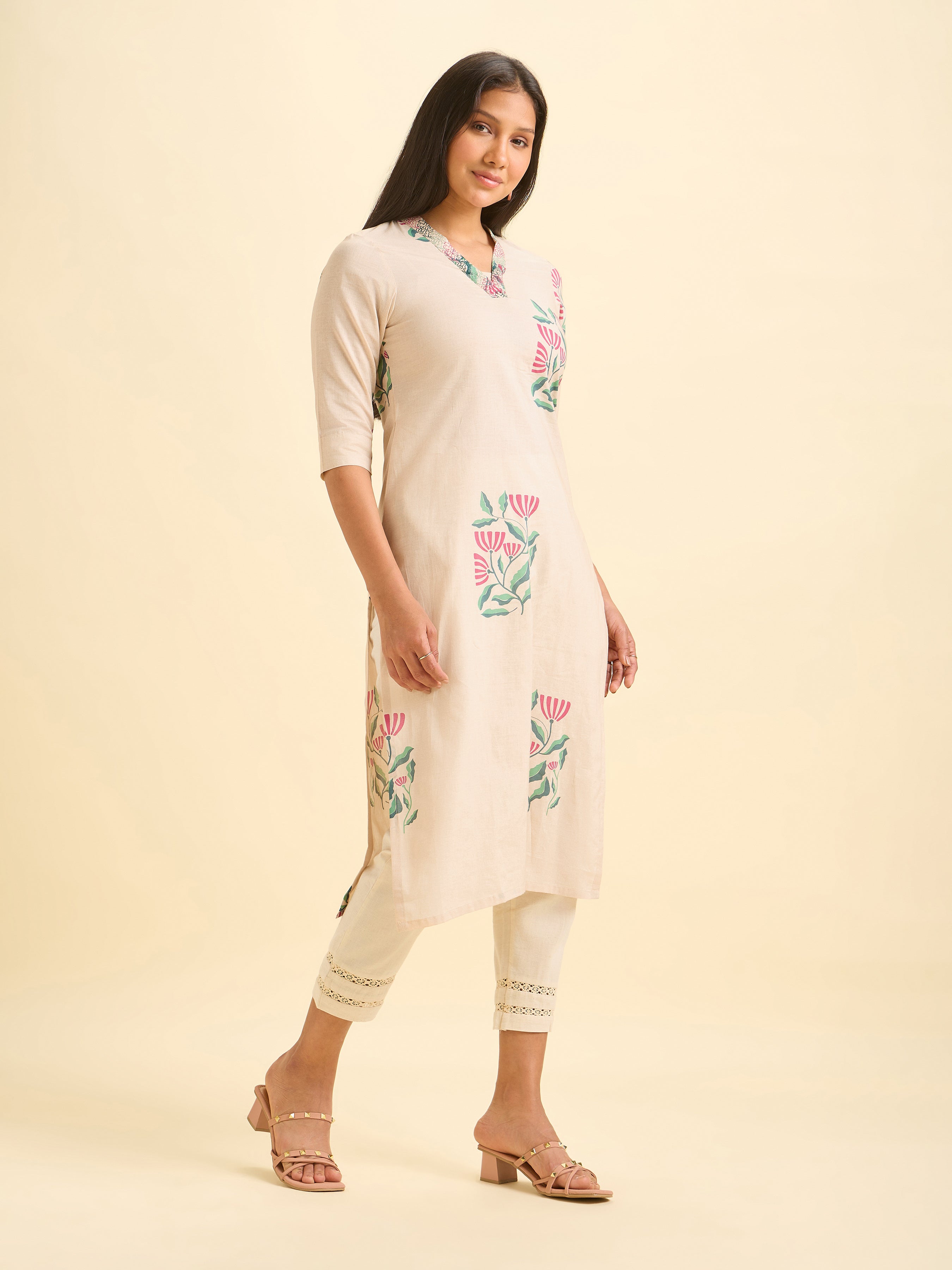 Pista Green Pure Cotton Placement Printed Kurti