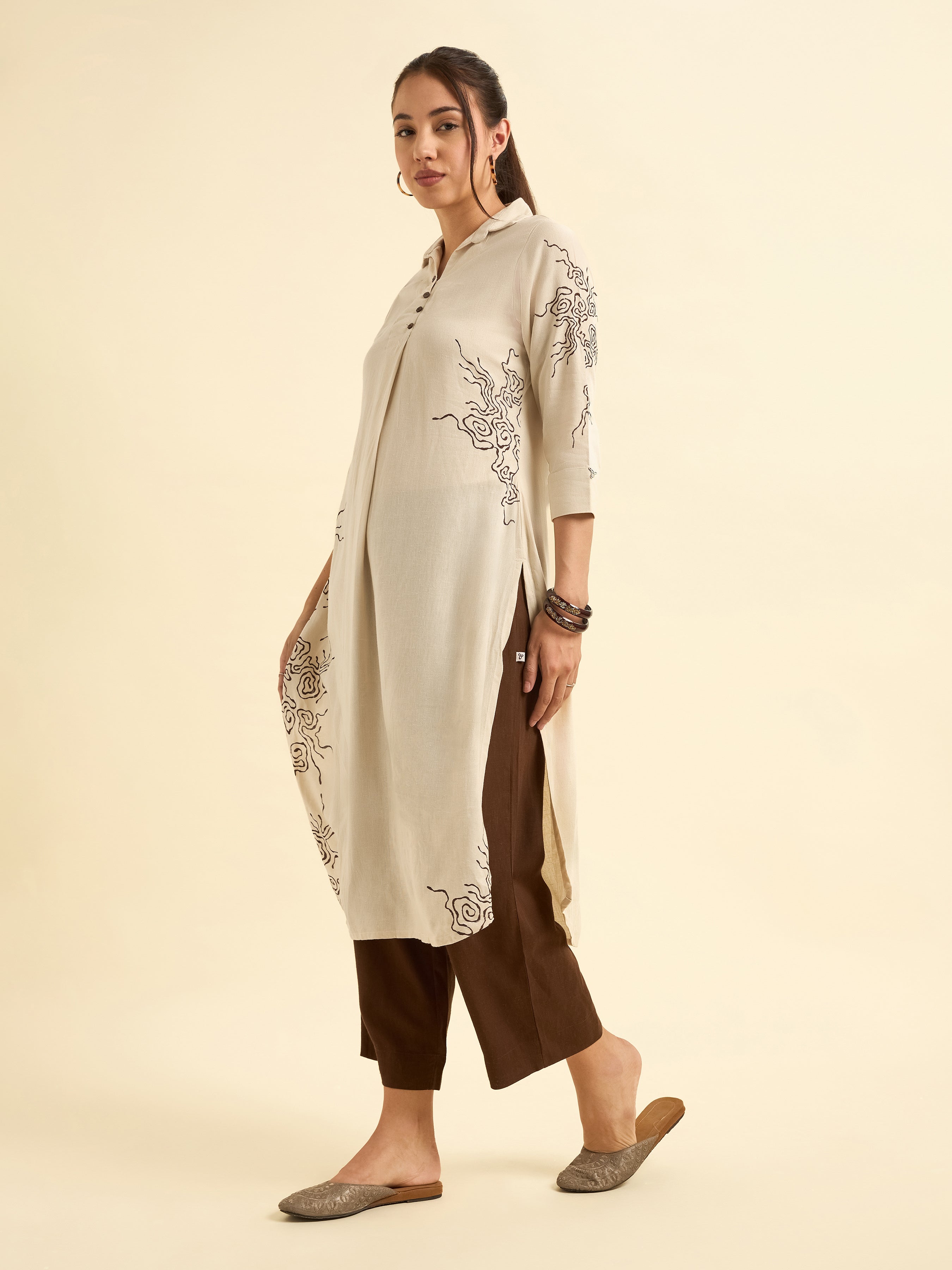 Ivory Colour Viscose Linen Kurti With Placement Print with Bottom