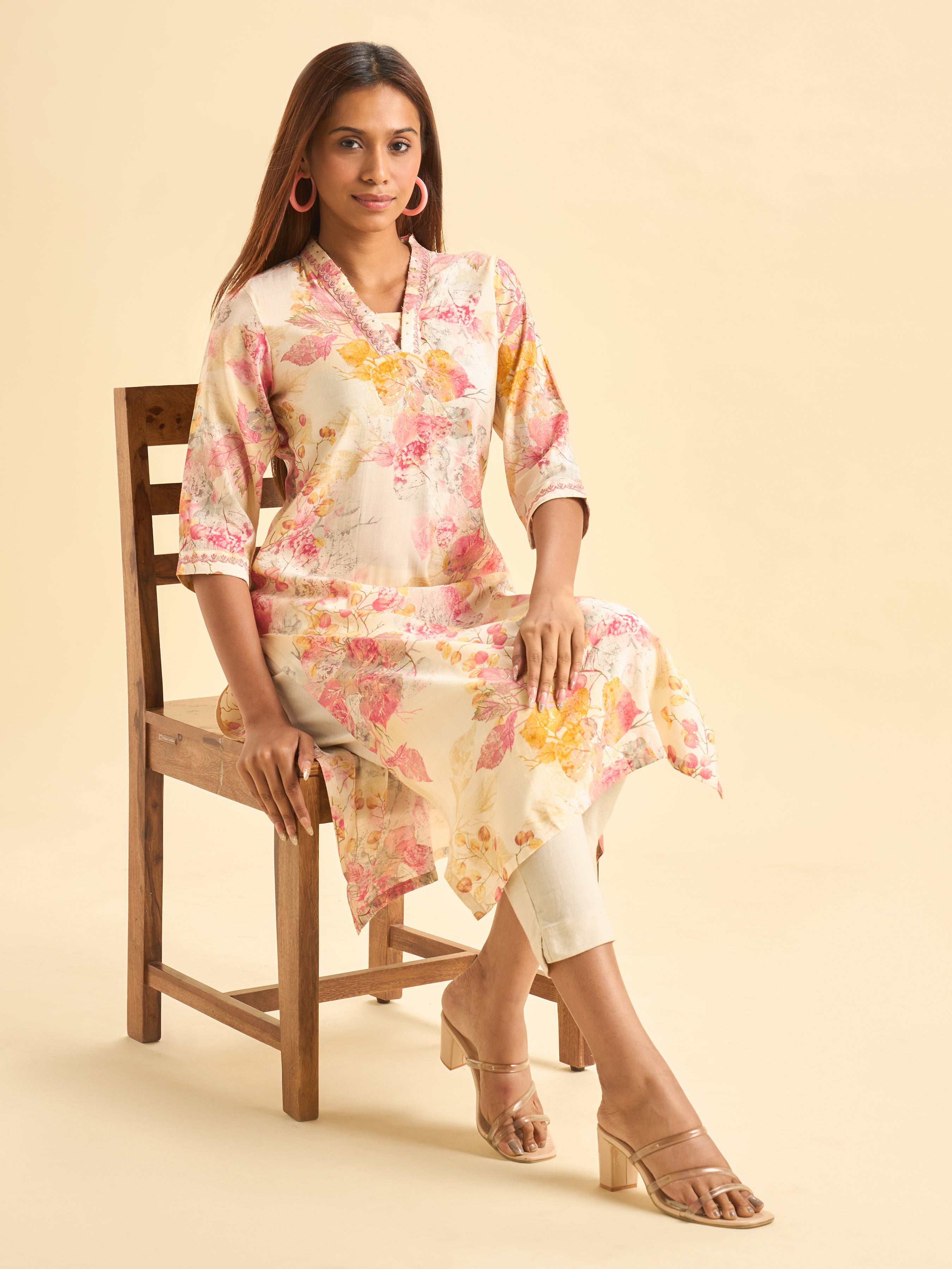 Multi Colour Modal Chanderi Printed Slited Kurti With Sequence Embroidery