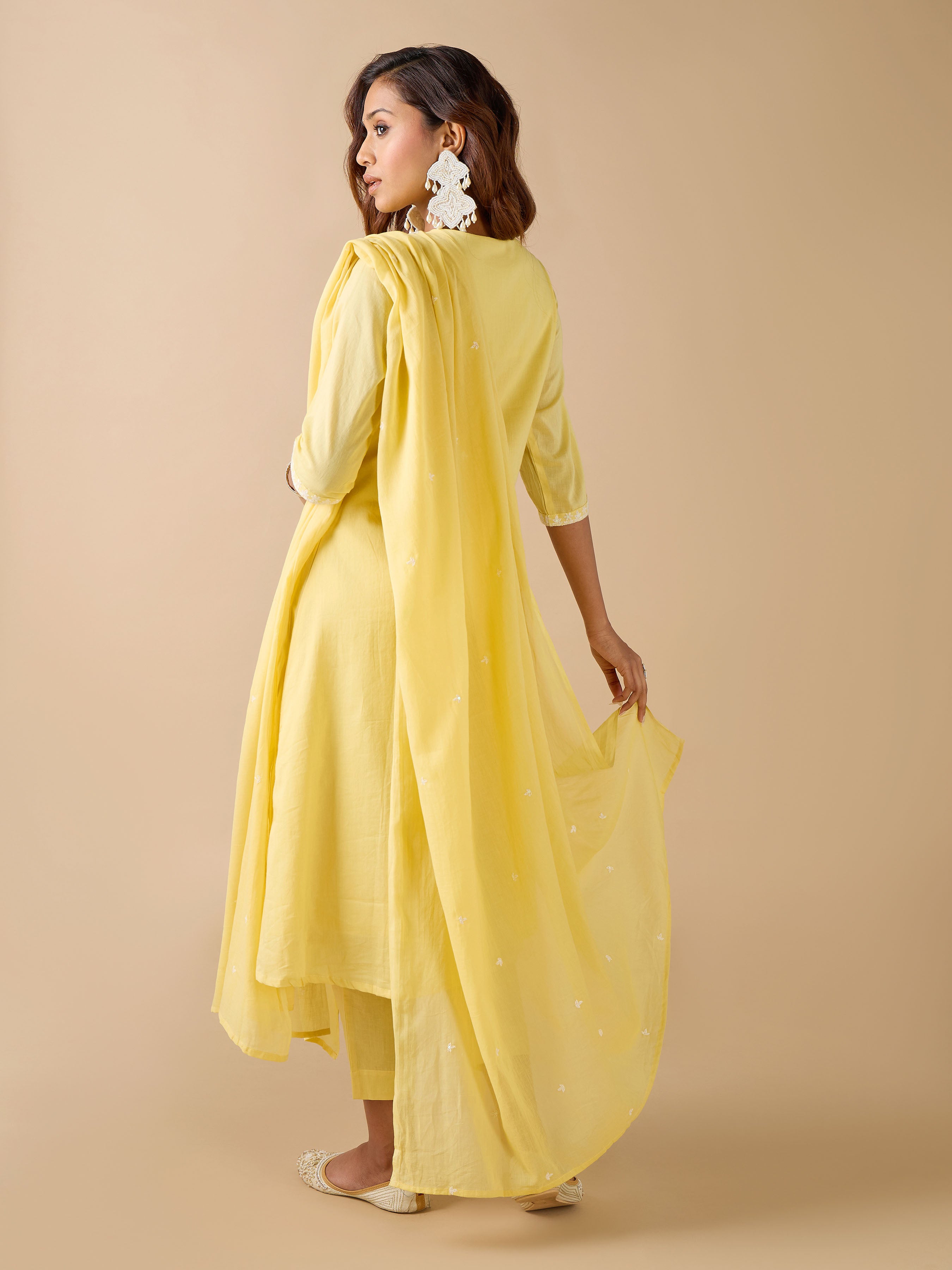 Yellow Pure Cotton Kurti Set & Dupatta With Embroidery