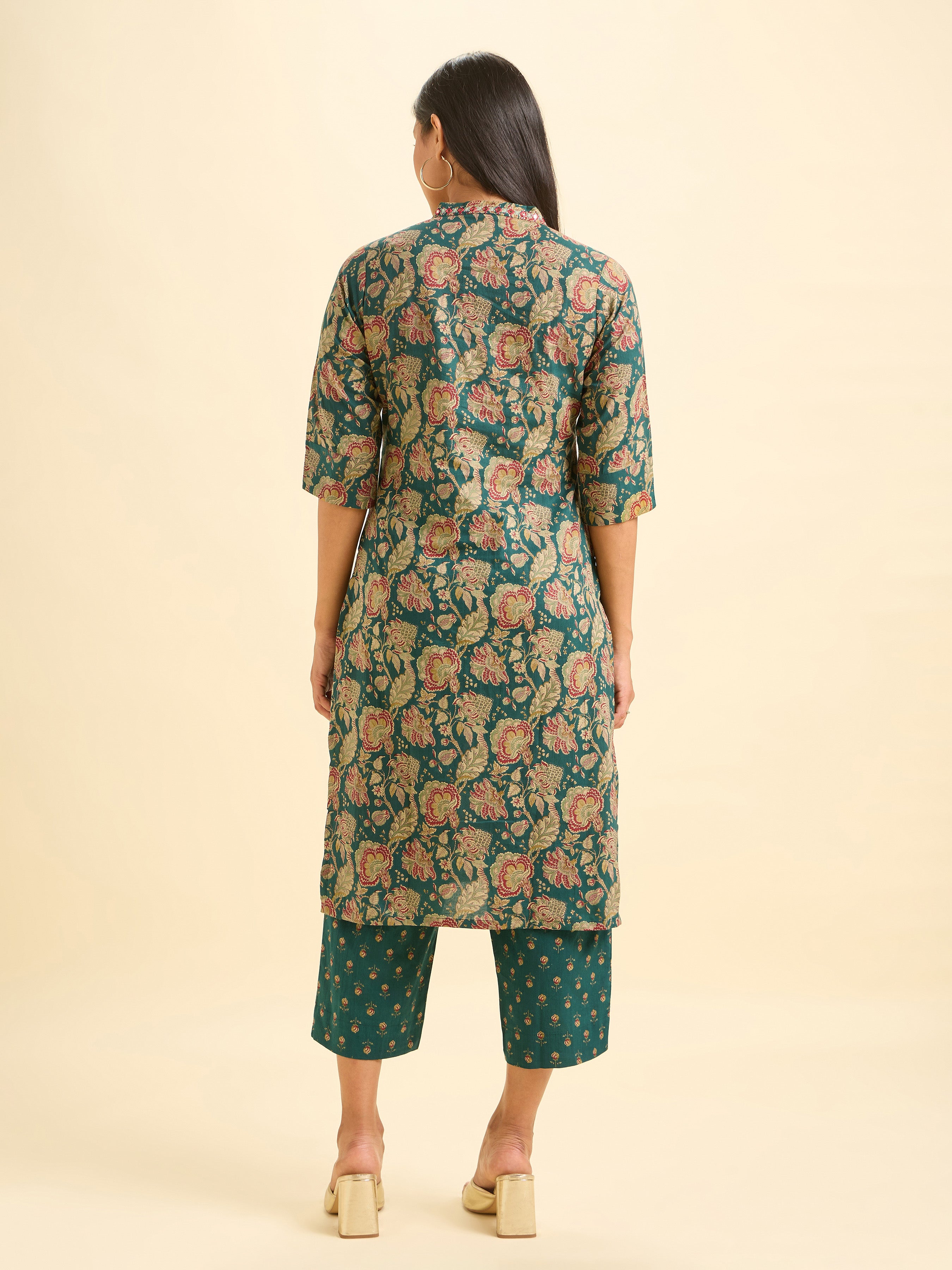 Green Colour Pure Cotton Printed Slited Kurti Set With Embroidery And Mirror Work