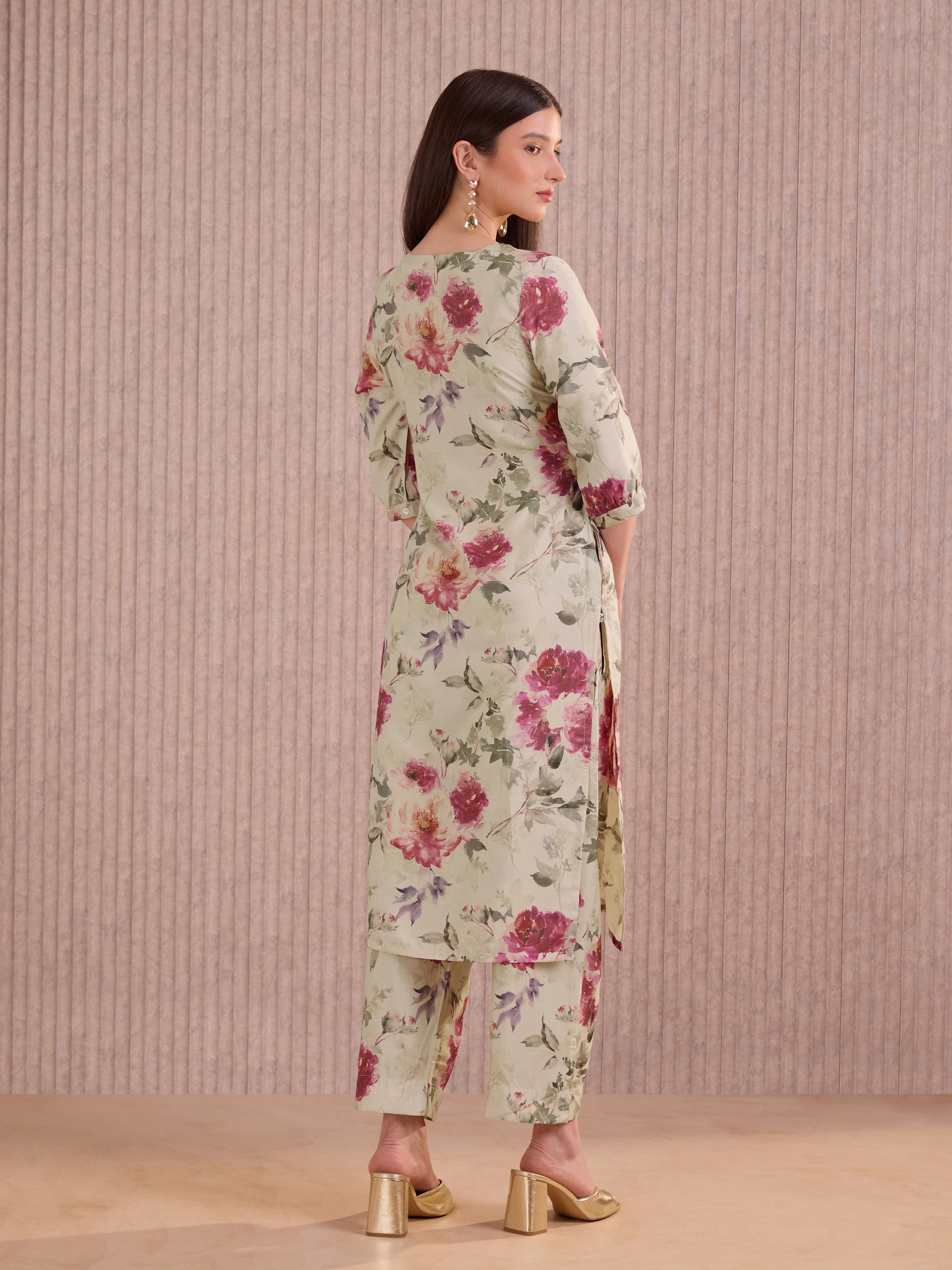 Ivory Viscose Blend Printed Kurti Set With Embroidery