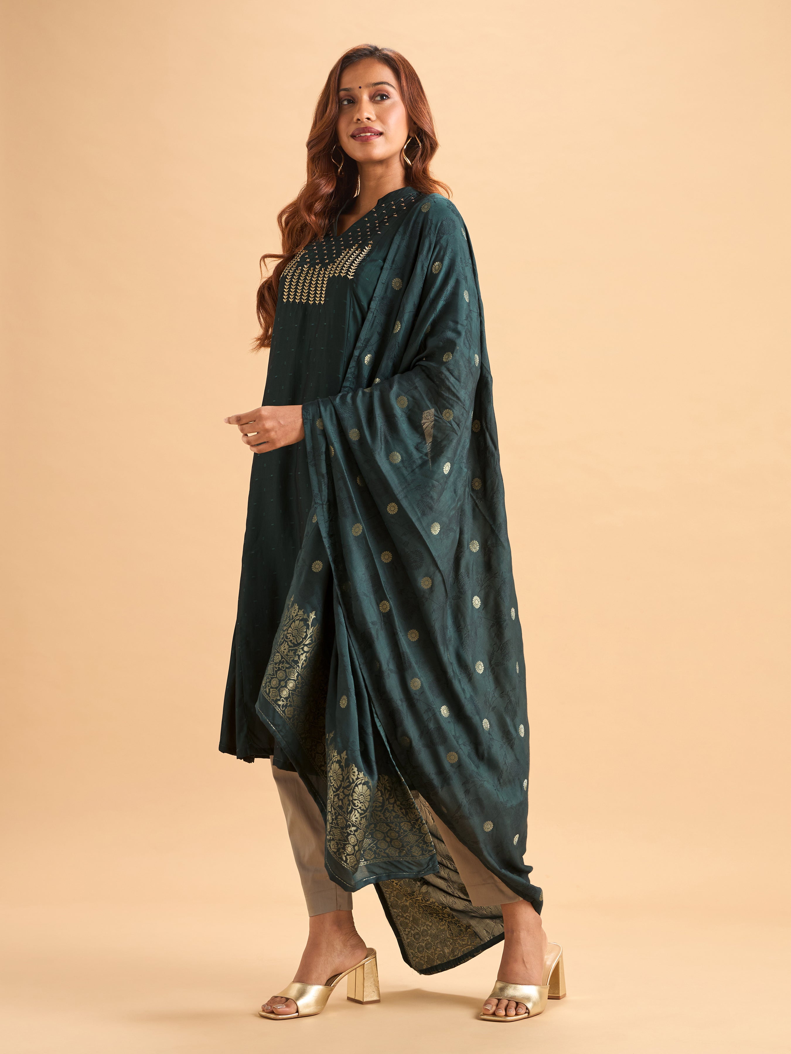 Women Wearing Bottle Green Viscose Blend Kurti Set With Dupatta And Handwork Embroidery