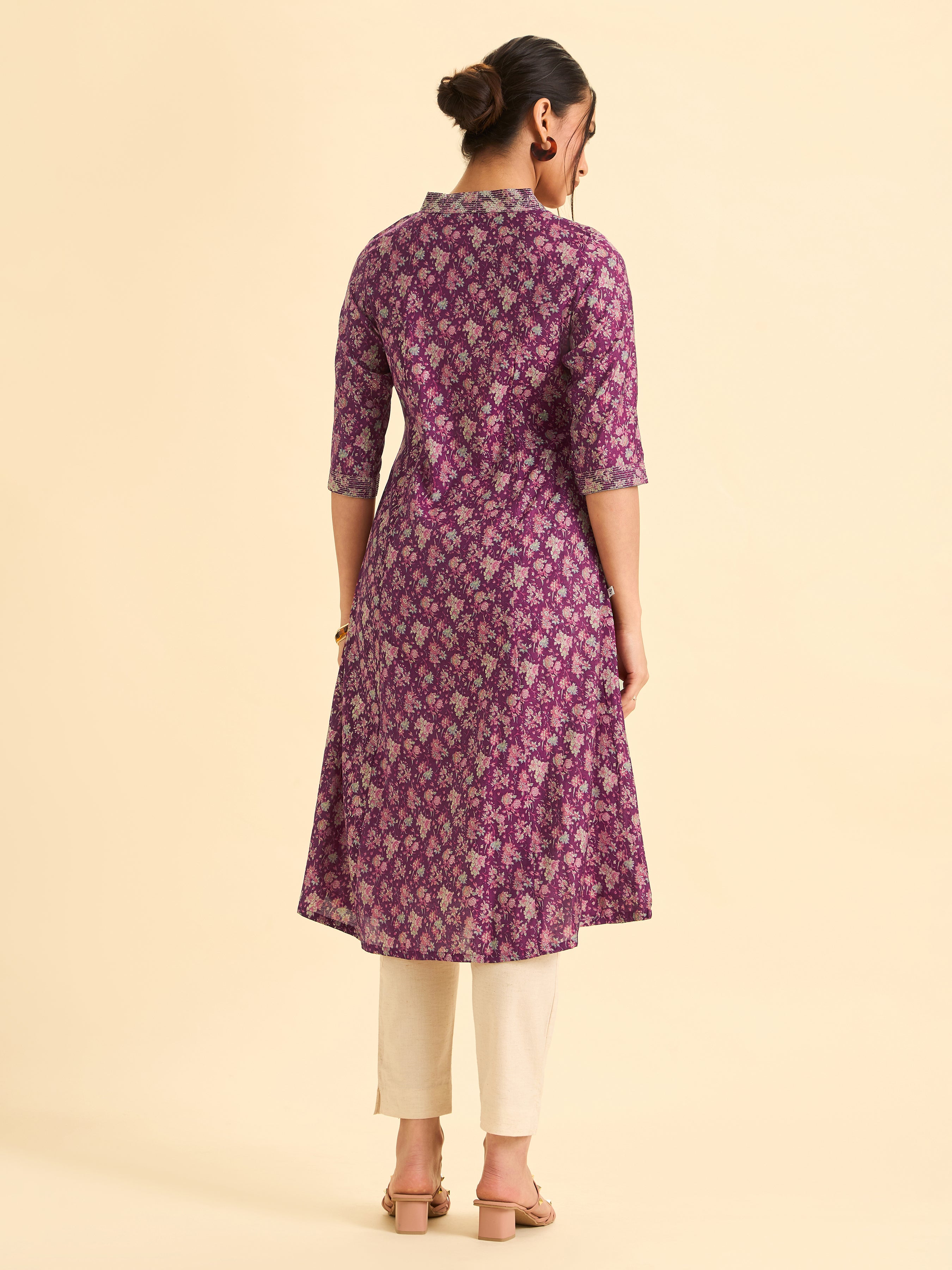 Wine Red Modal Chanderi Printed Flared Princess Cut Kurti With Embroidery