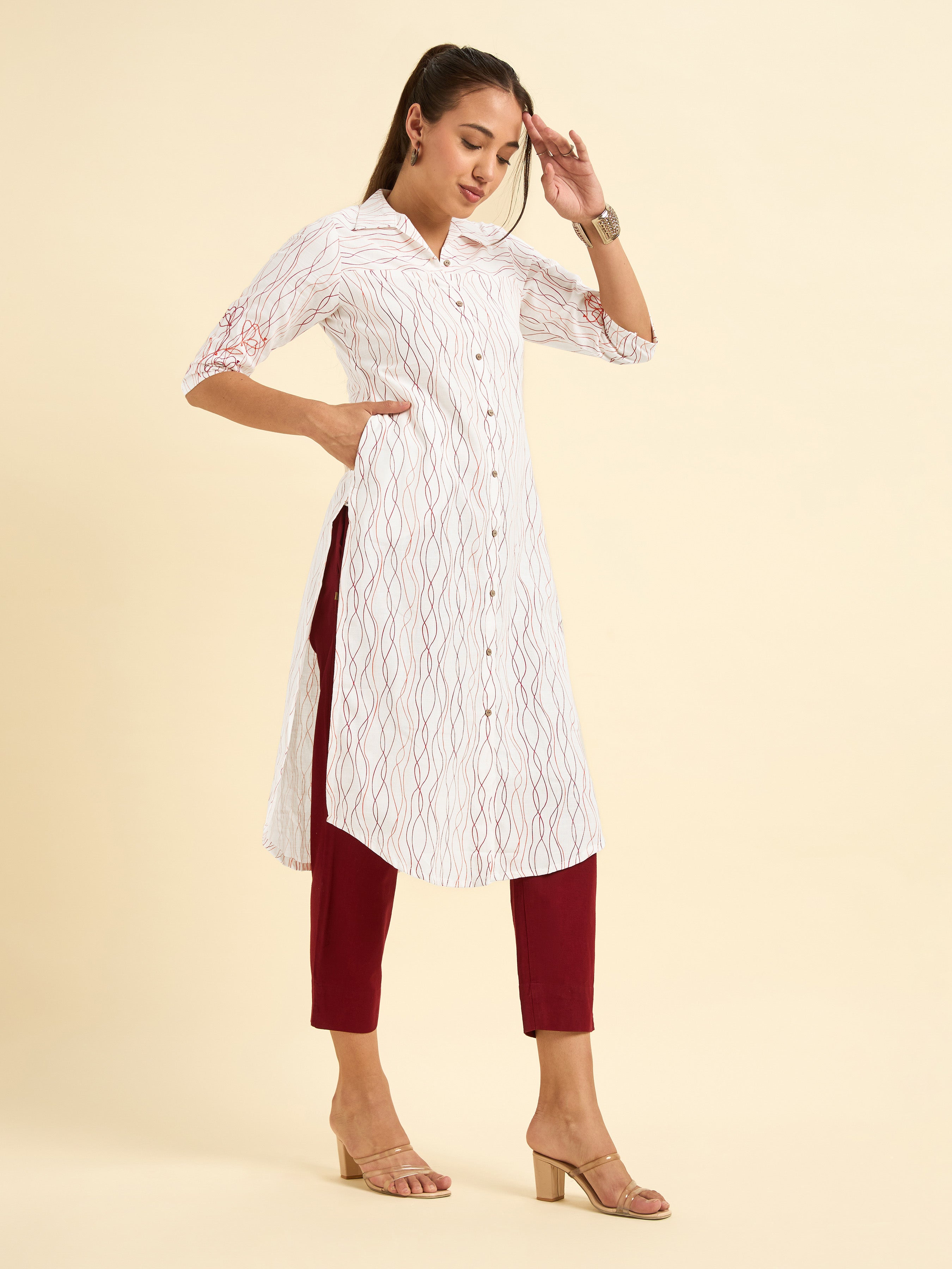 White Cotton Flax Slub Printed Slit Kurti With Embroidery