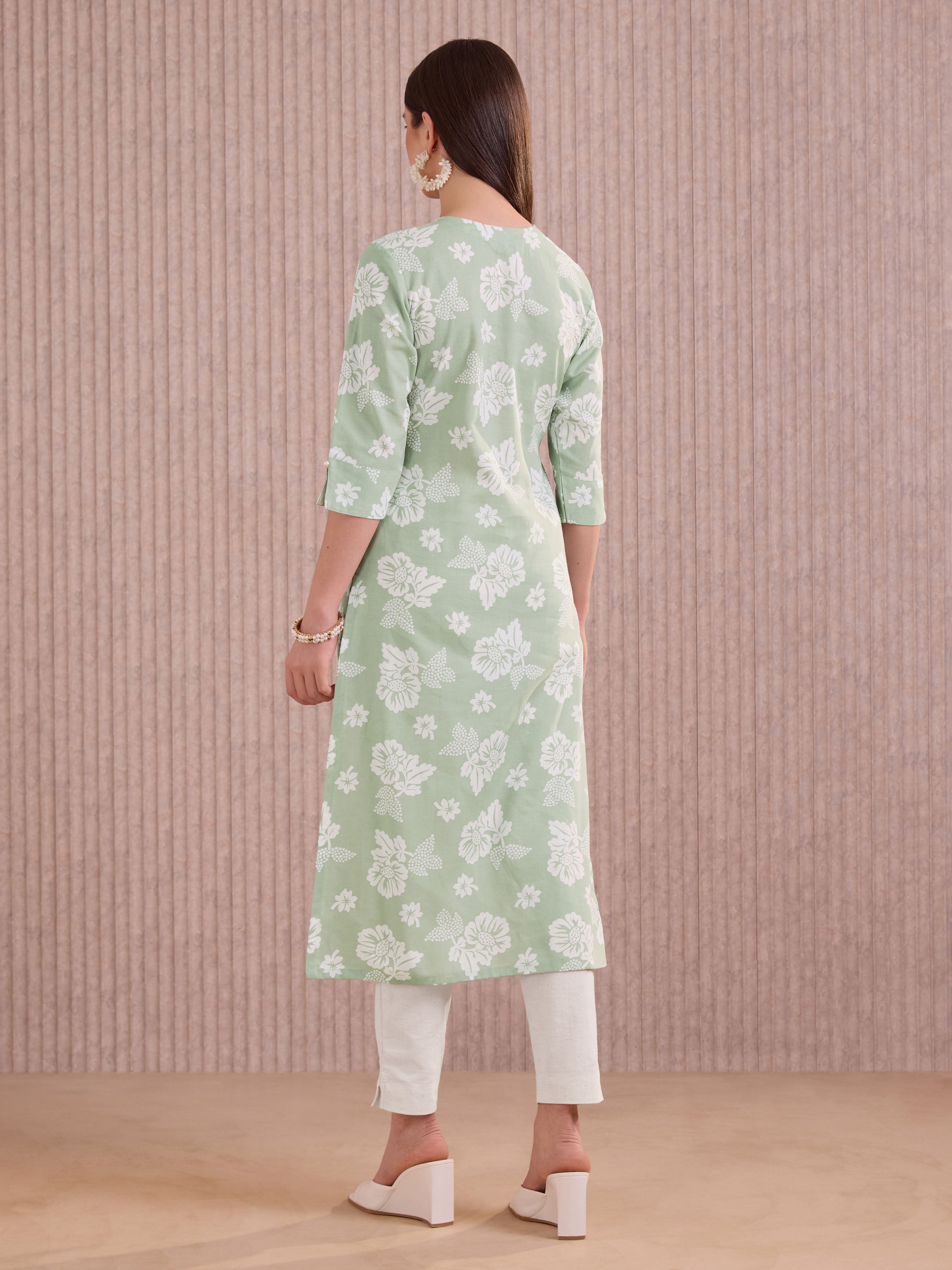 Mint Green Cotton Flax Printed Kurti