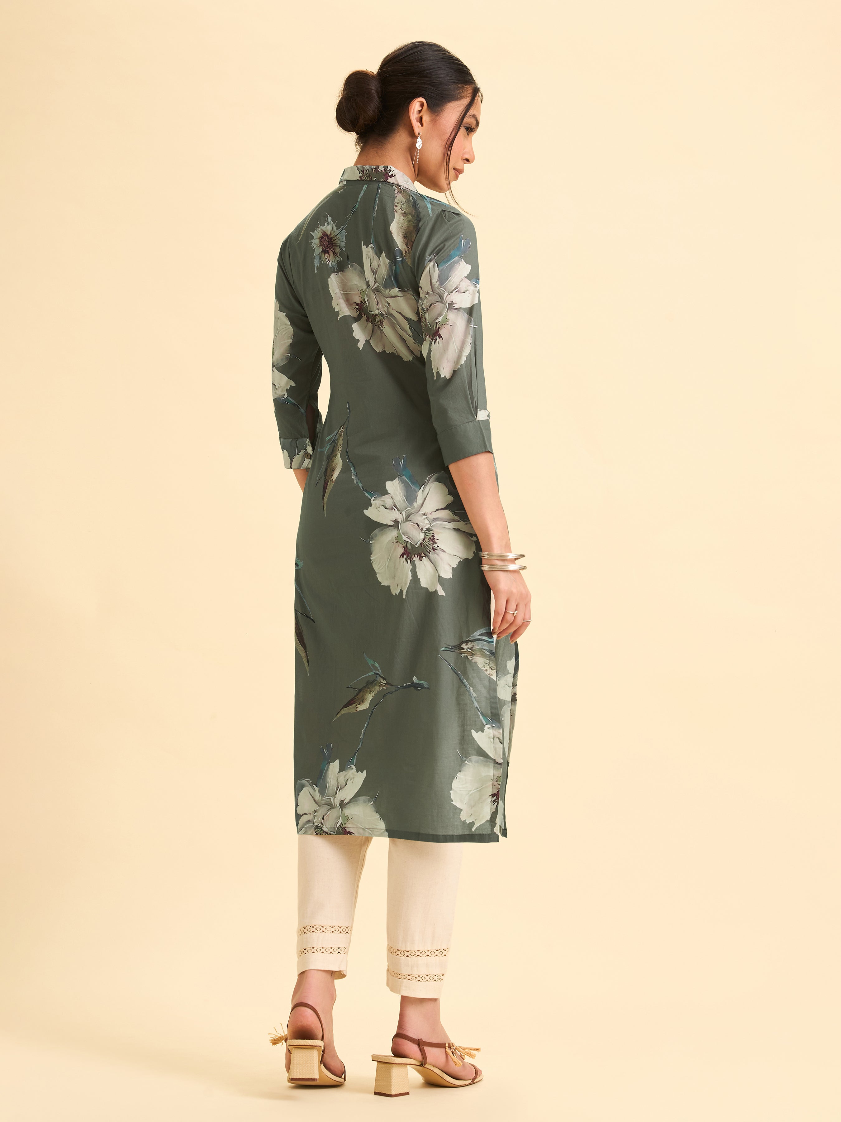 Sage Green Cotton Printed Kurti With Knife Pleat