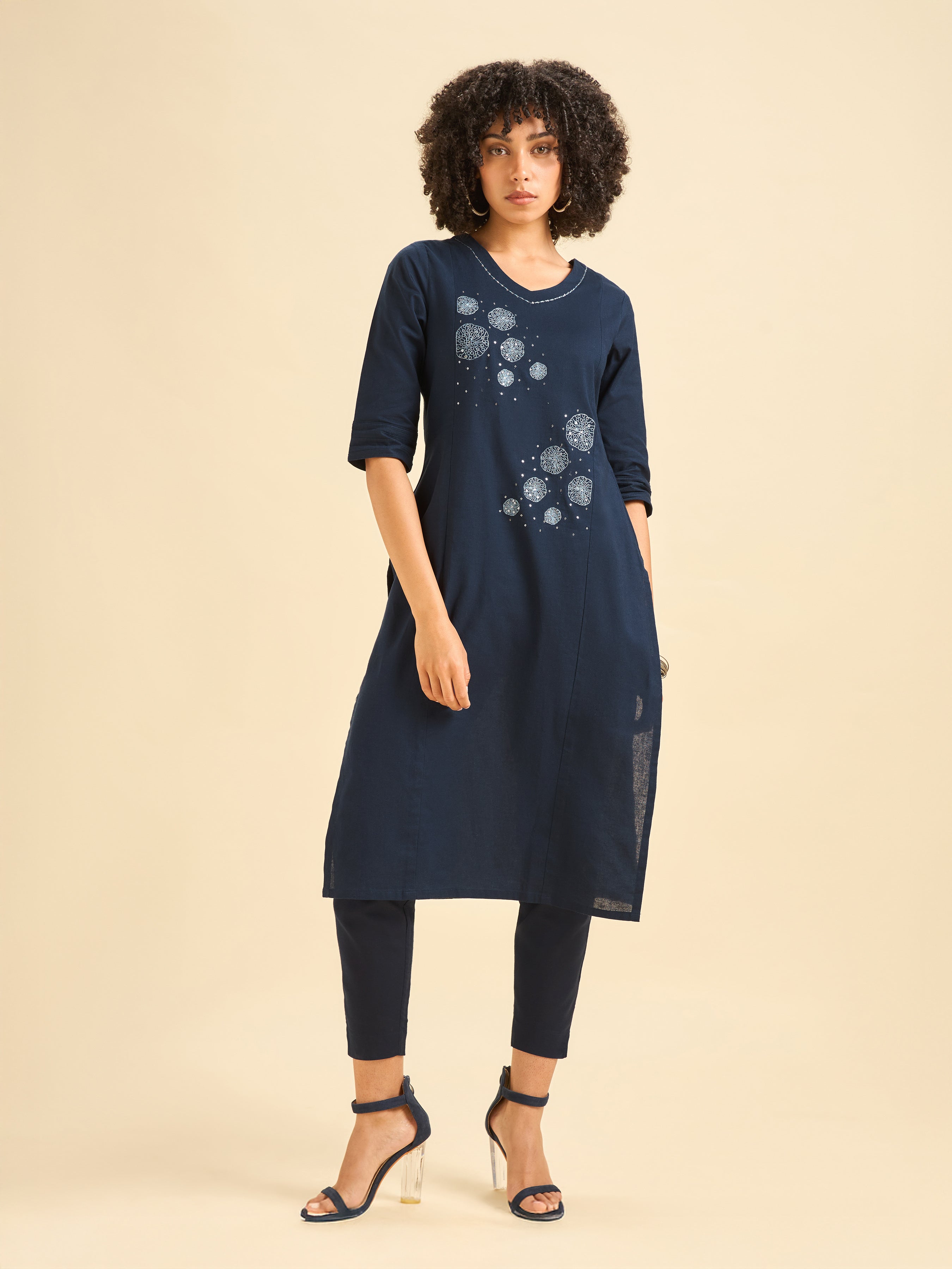 Navy Blue Cotton Flax Kurti With Sequins Embroidery