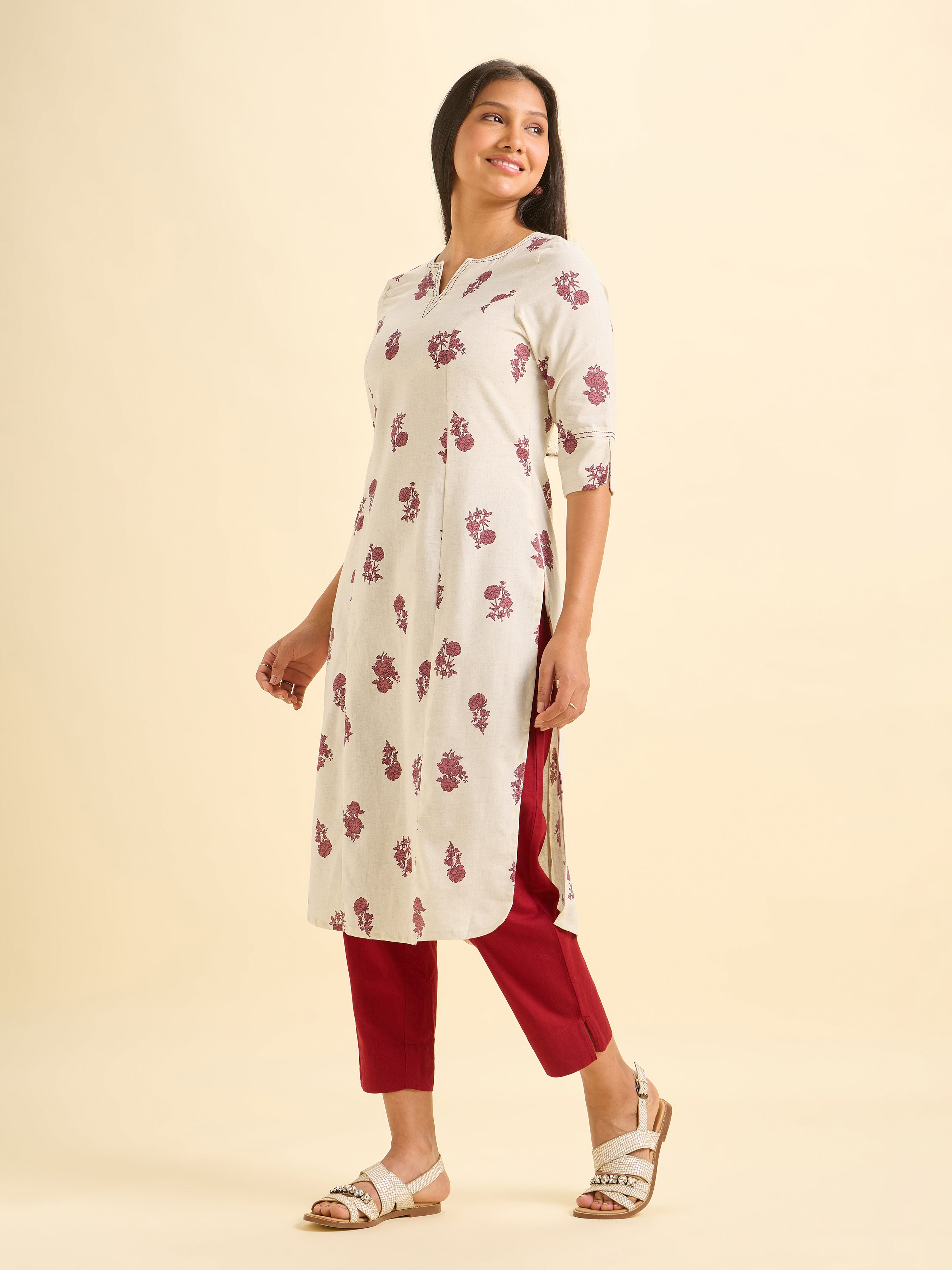 Ivory Maroon Cotton Flax Printed Slit Kurti With Running Stitch Embroidery