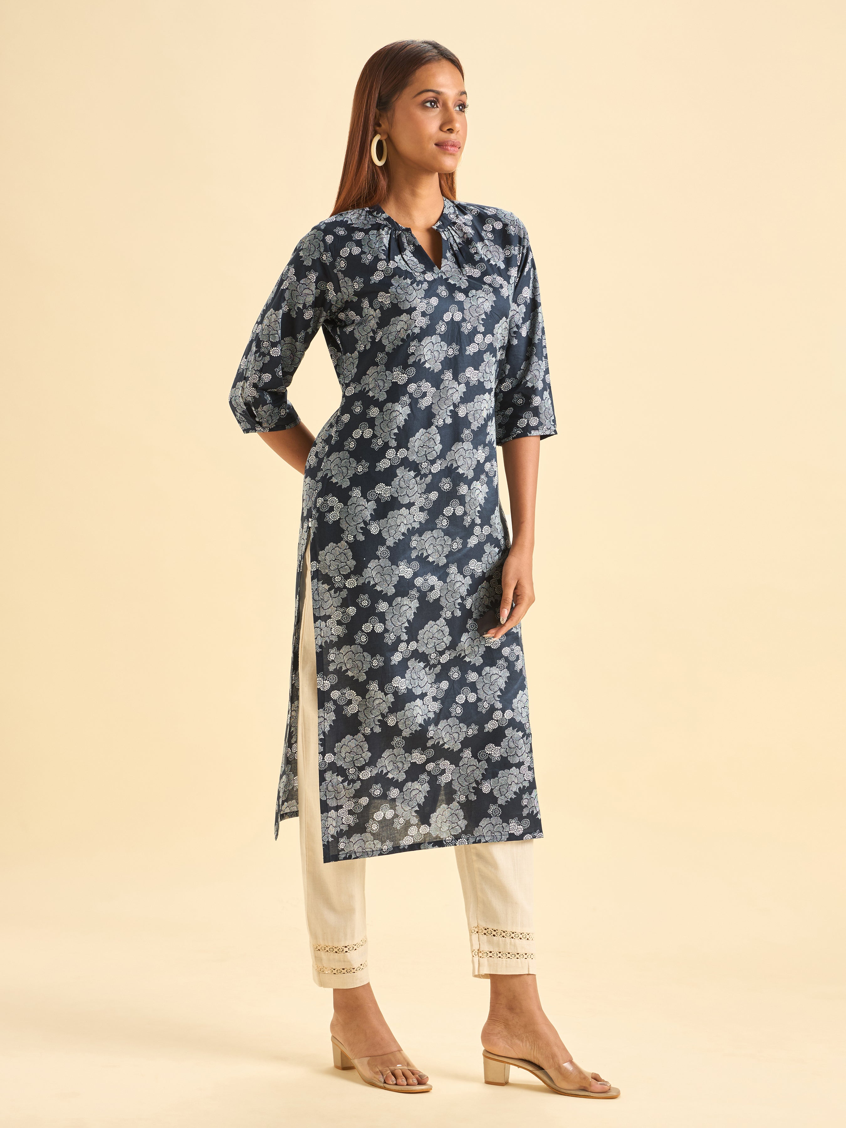 Navy Blue And White Pure Cotton Printed Slited Kurti With Gathers