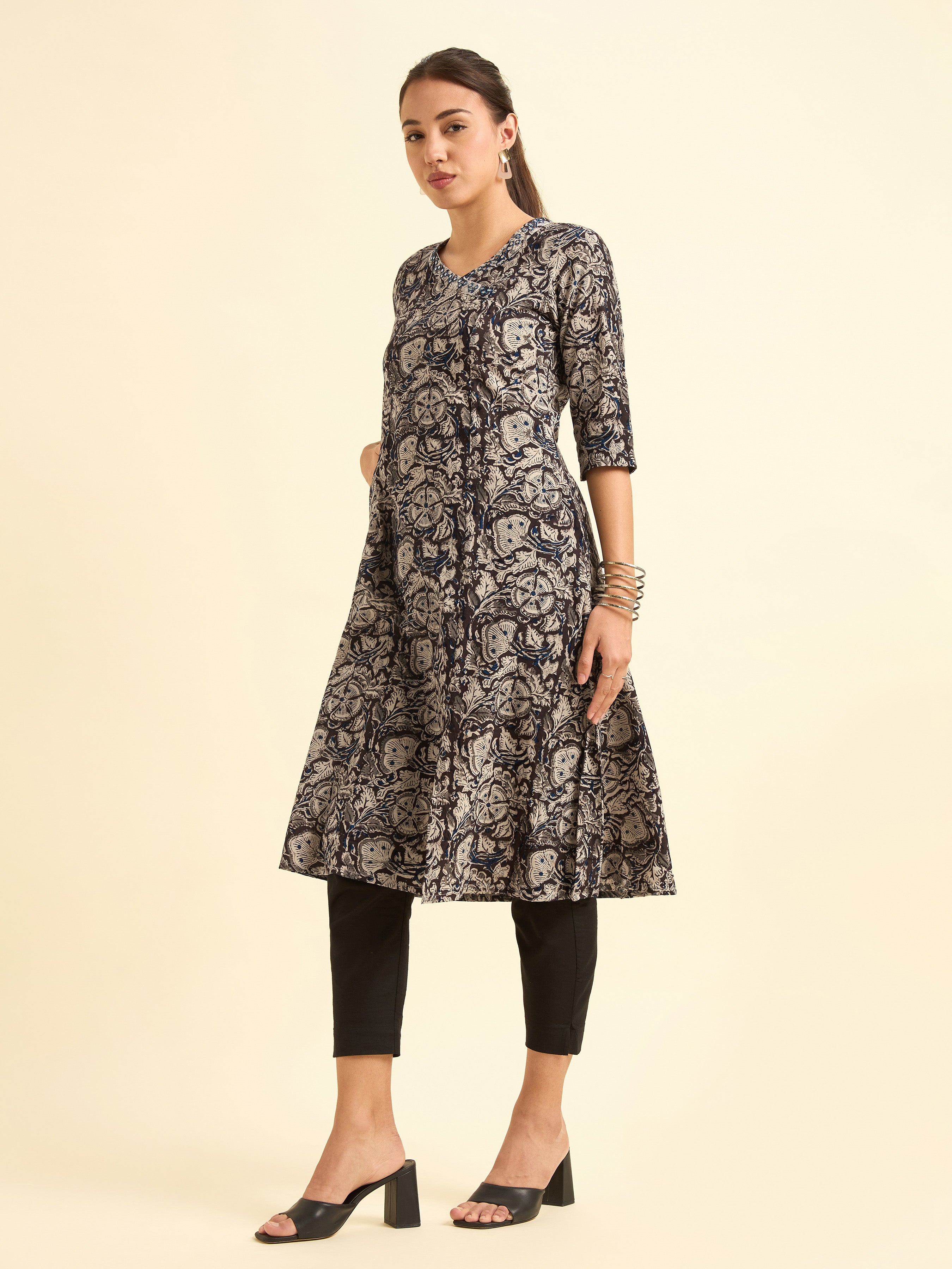 Multi Colour Angrakha Printed Flared Kurti With Mirror Work