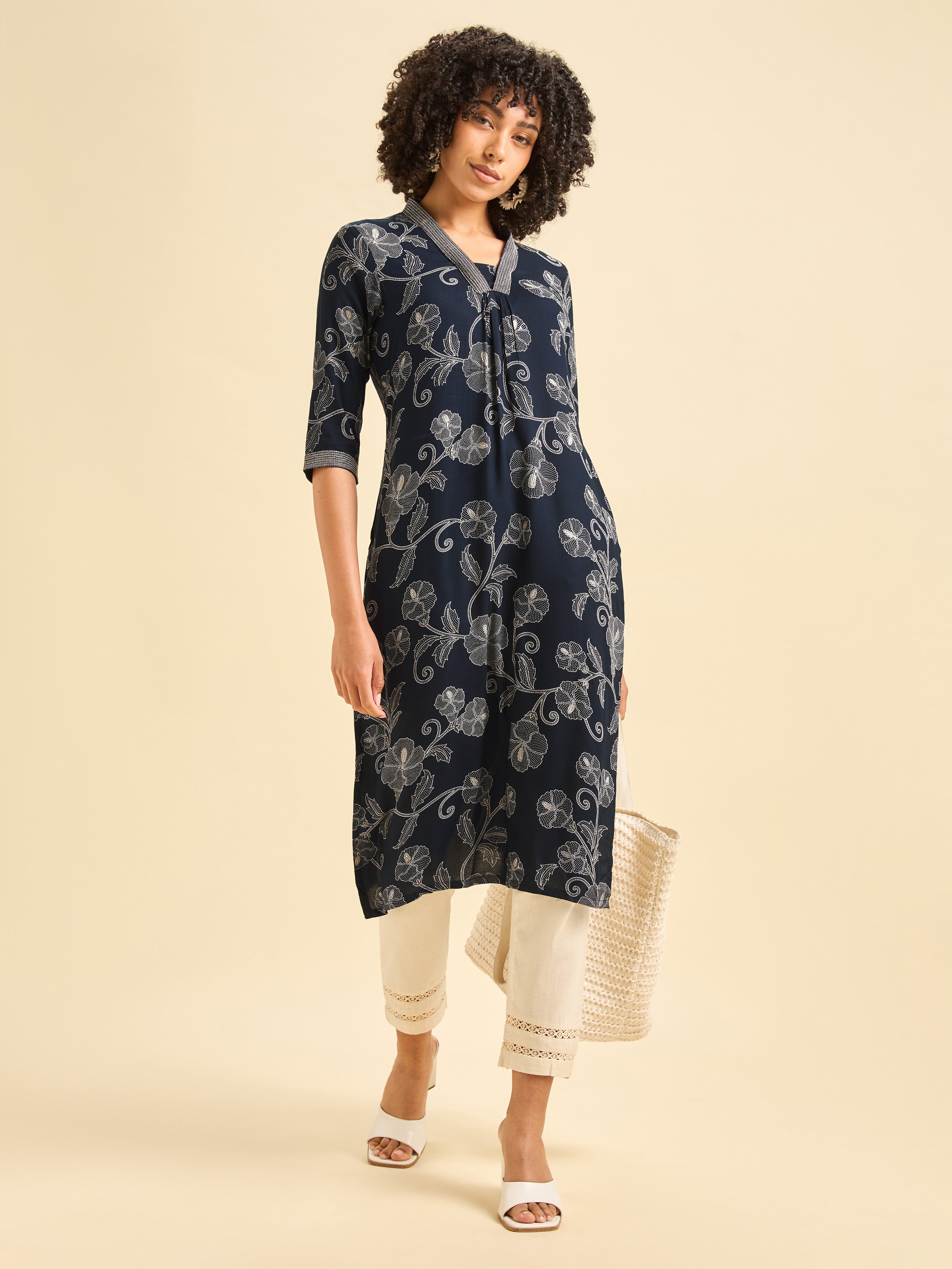 Navy Blue Viscose Slit Printed Kurti With Embroidery